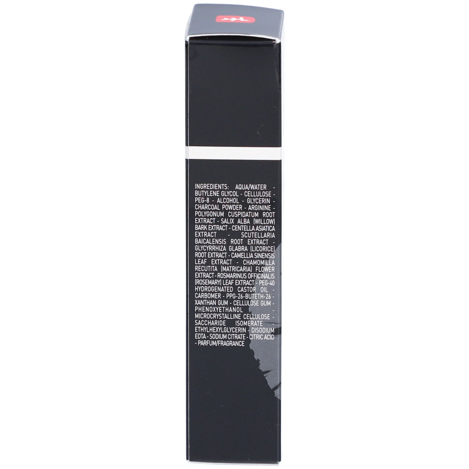 Schwarze Schachtel. Zutatenliste in weißer Schrift.