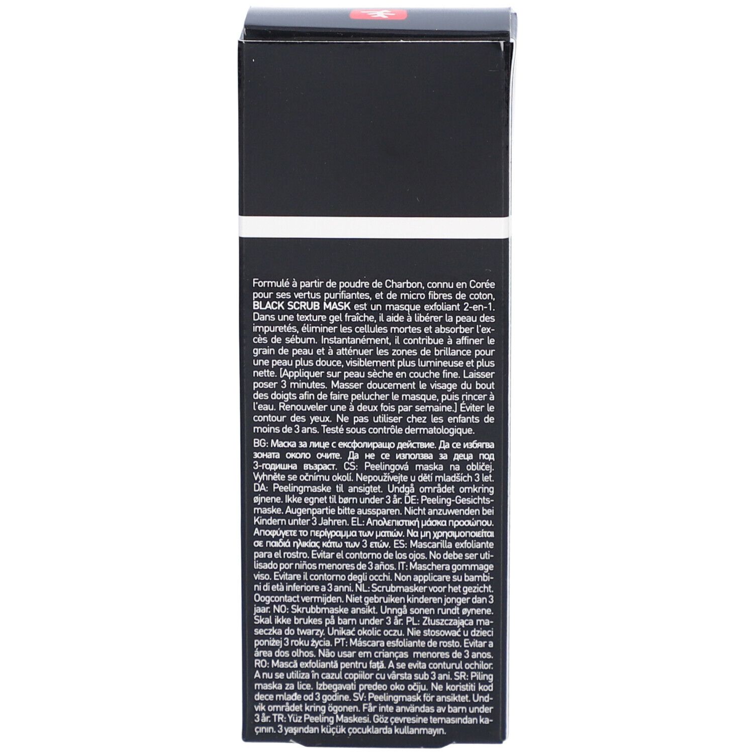 Schwarze Schachtel. Text in mehreren Sprachen.