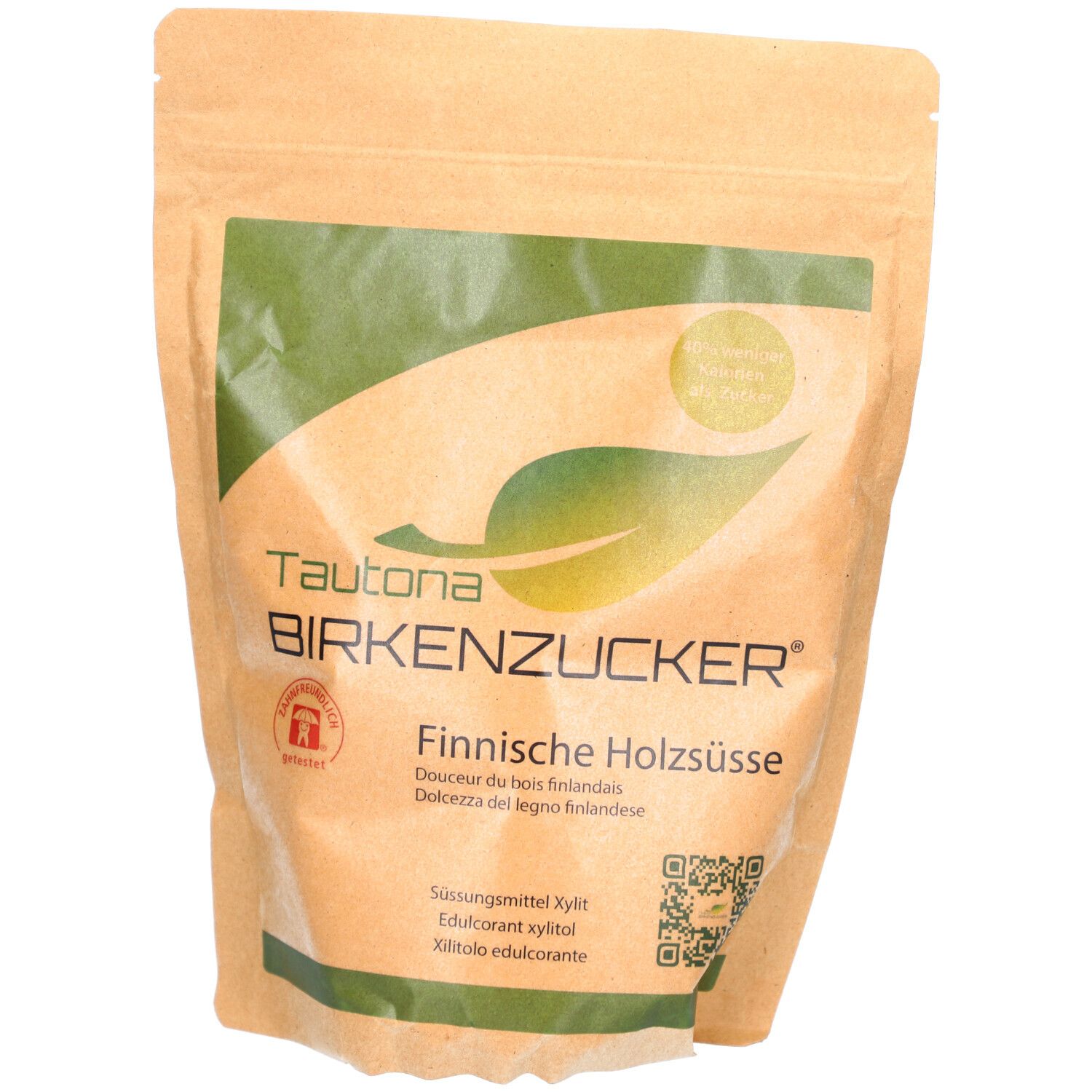 Beutel Birkenzucker. Marke Tautona. Aufdruck: Birkenzucker, finnische Holzsüße. Grün-weißes Logo. Siegel.