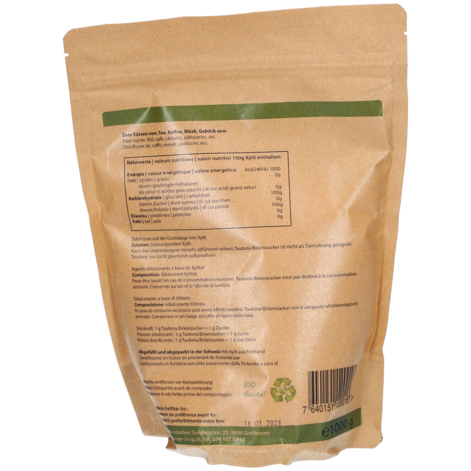 Rückseite der Birkenzucker-Verpackung. Text mit Nährwertangaben und Inhaltsstoffen. Barcode und Recycling-Symbol.