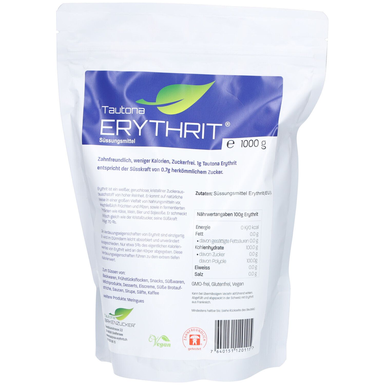 Weißer Beutel mit blauem Etikett. Aufschrift: Tautona Erythrit, Süßungsmittel, 1000 g. Vegan-Siegel.