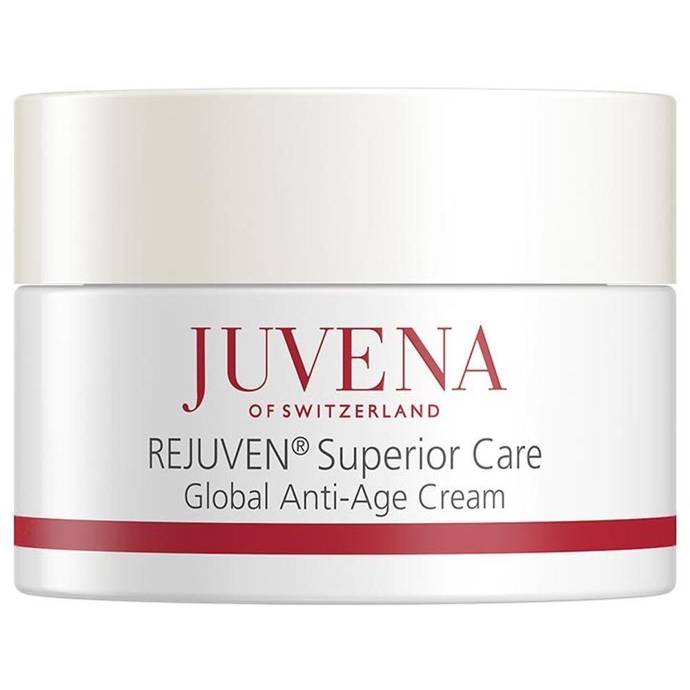 Creme-Tiegel mit weißem Deckel. Aufschrift: JUVENA, REJUVEN® Superior Care, Global Anti-Age Cream. Roter Streifen.