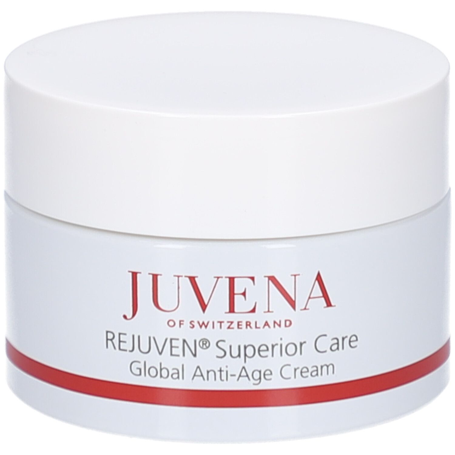 Pot de crème avec couvercle blanc. Inscription: Juvena, Rejuven Superior Care, Global Anti-Age Cream. Bande rouge en bas.