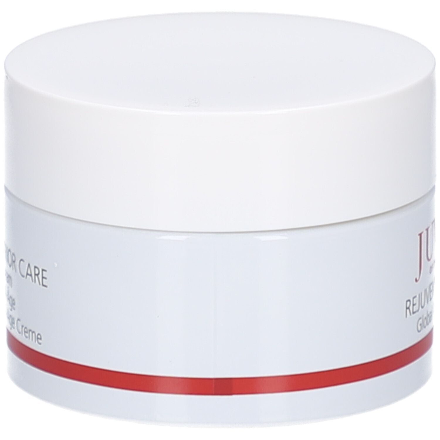 Pot de crème avec couvercle blanc. Inscription: Rejuven Superior Care, Global Anti-Age Cream. Bande rouge en bas.