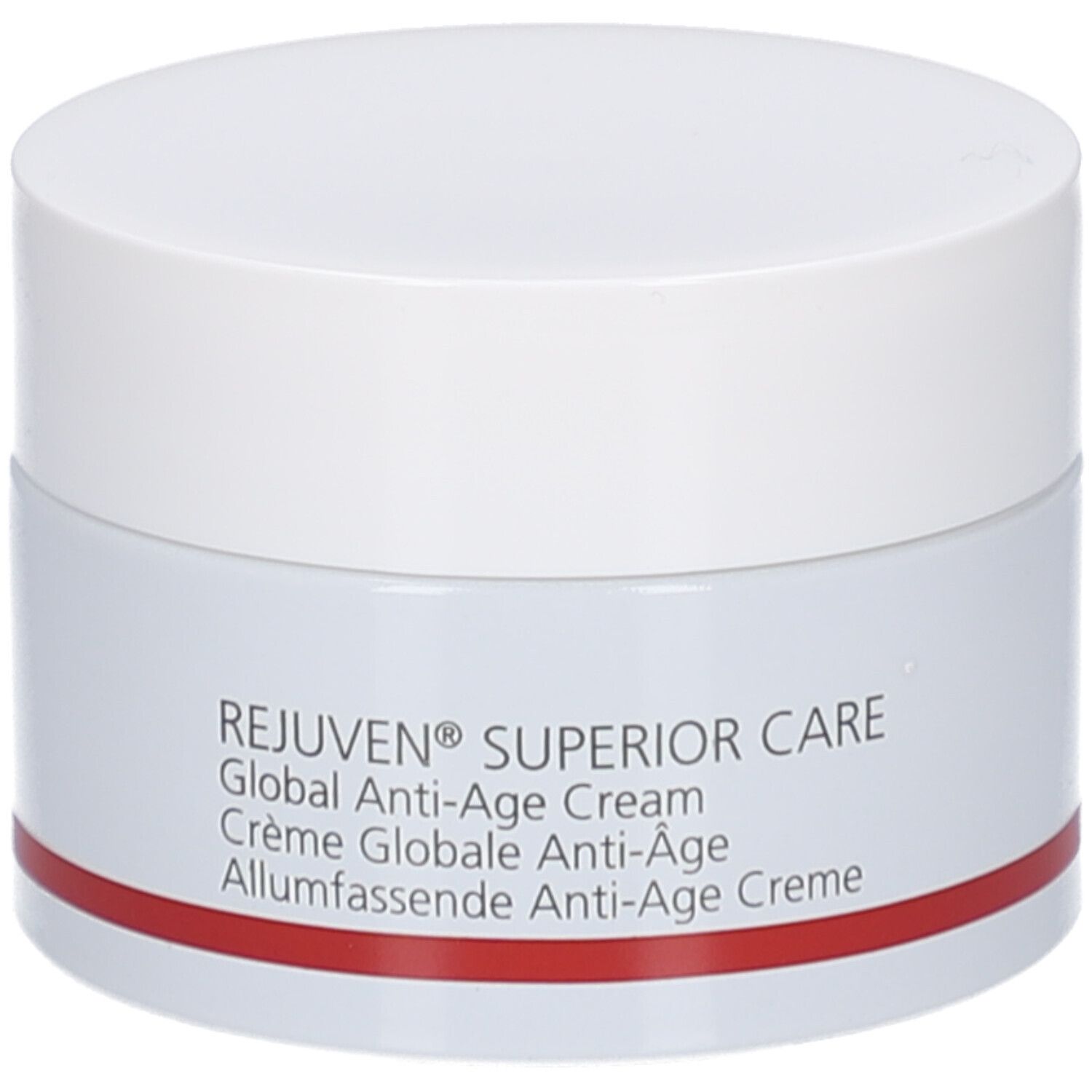 Pot de crème avec couvercle blanc. Inscription: Rejuven Superior Care, Global Anti-Age Cream. Bande rouge en bas.