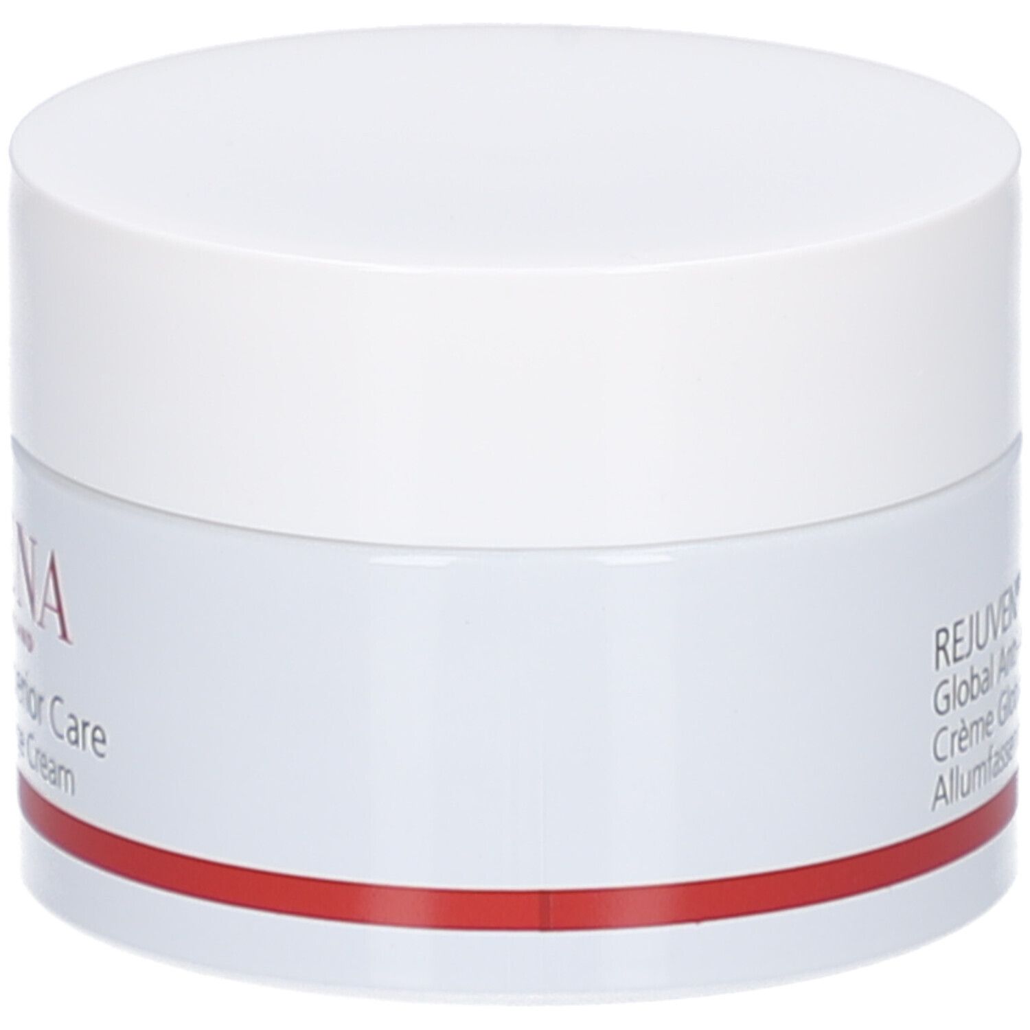 Pot de crème avec couvercle blanc. Inscription: Rejuven Superior Care, Global Anti-Age Cream. Bande rouge en bas.