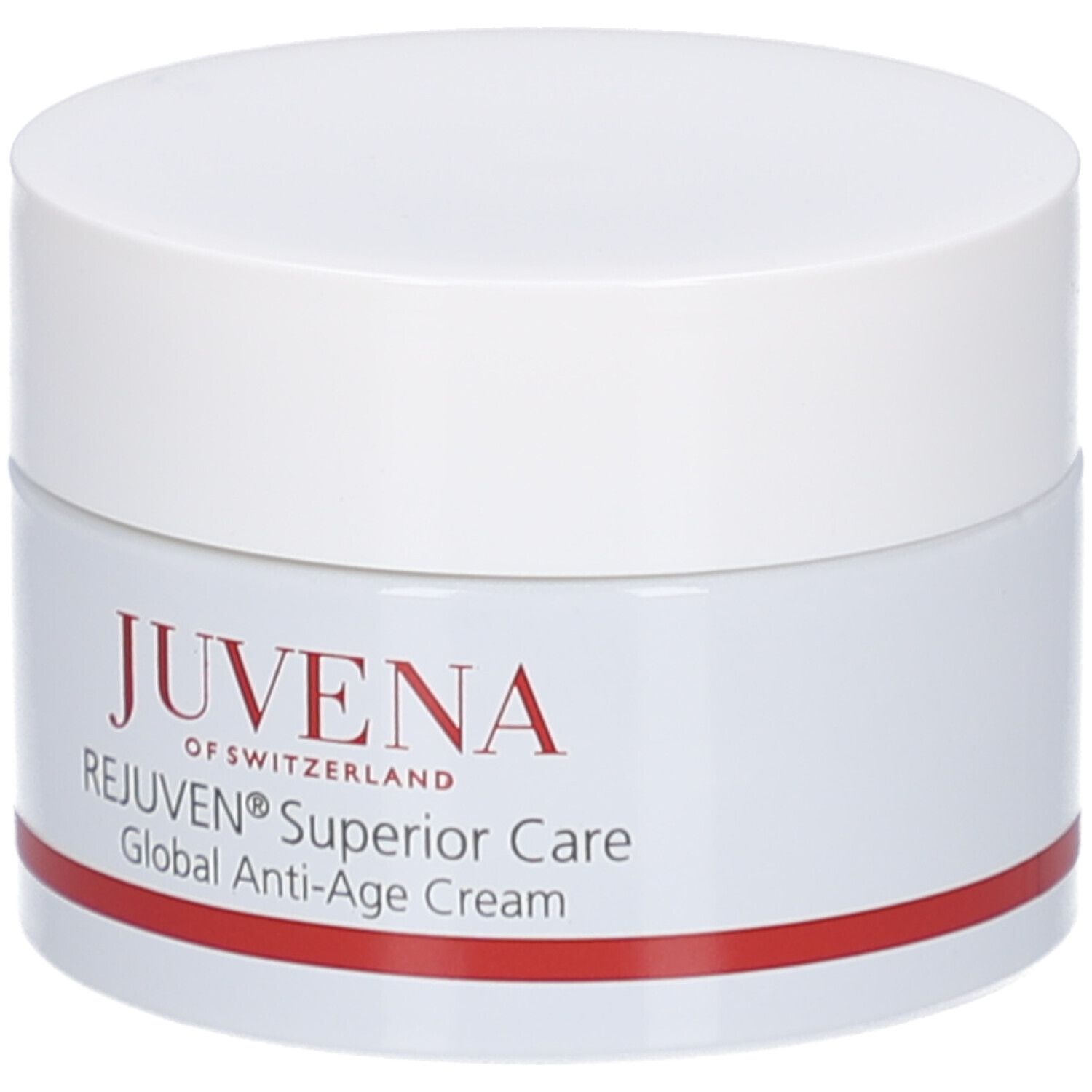 Pot de crème avec couvercle blanc. Inscription: Juvena, Rejuven Superior Care, Global Anti-Age Cream. Bande rouge en bas.