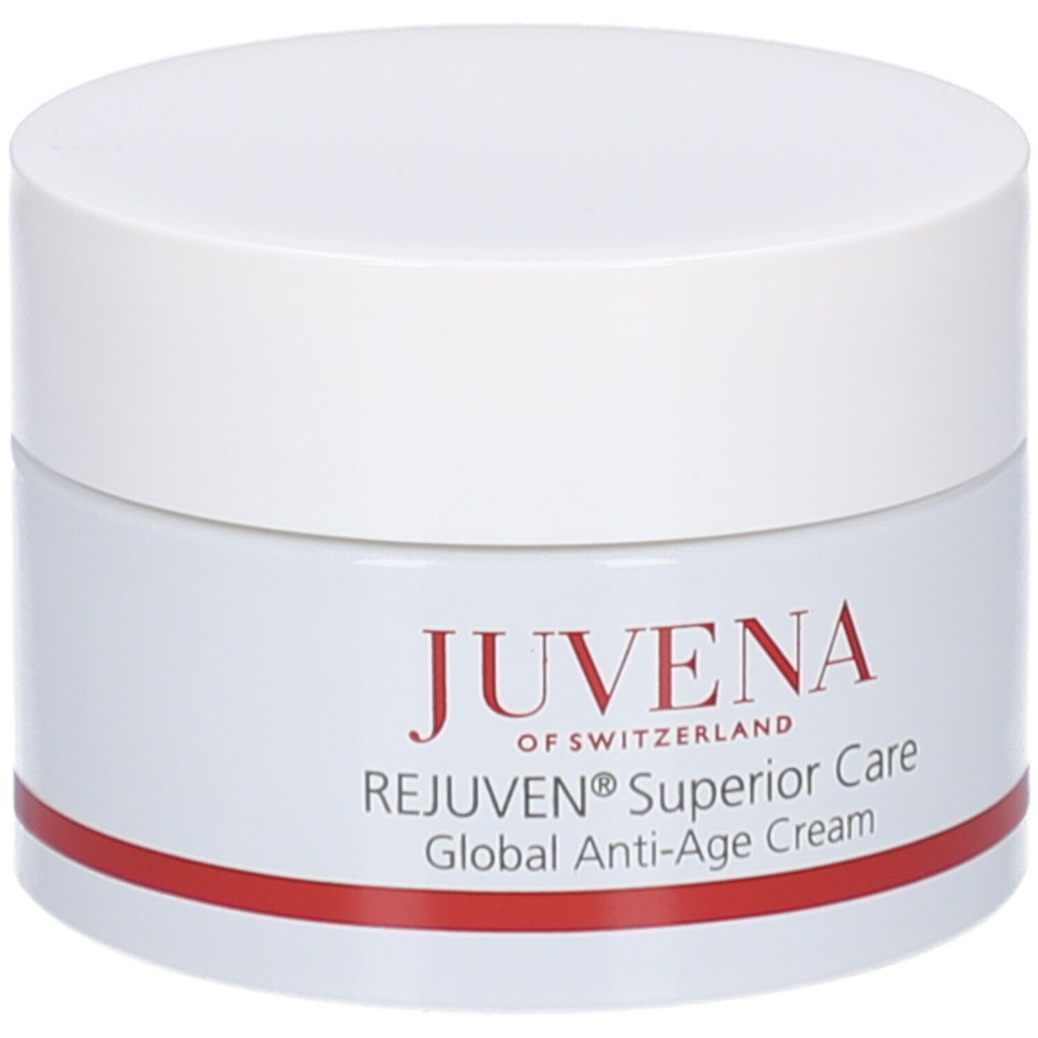 Pot de crème avec couvercle blanc. Inscription: Juvena, Rejuven Superior Care, Global Anti-Age Cream. Bande rouge en bas.