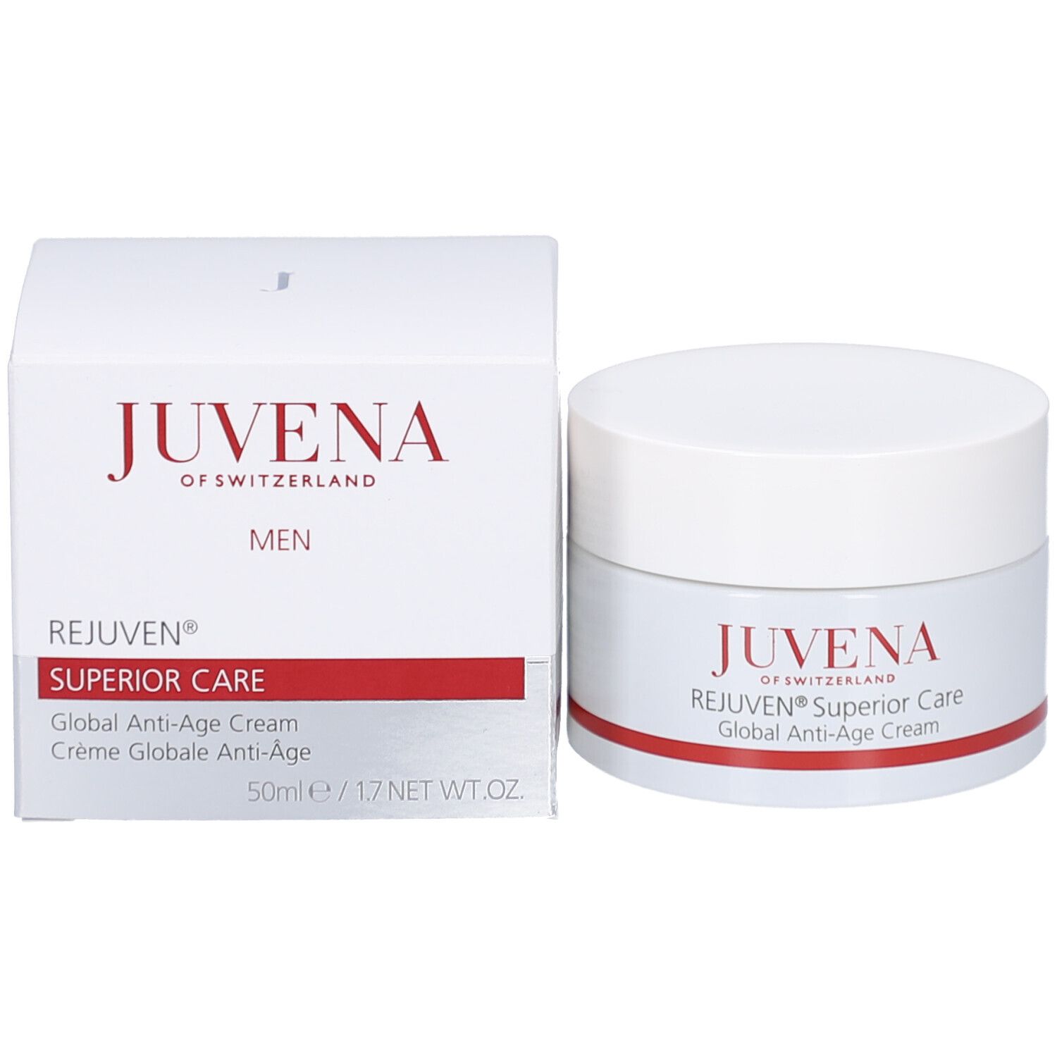 Emballage et pot. Inscription: Juvena, Men, Rejuven Superior Care, Global Anti-Age Cream. Bande rouge. 50ml.
