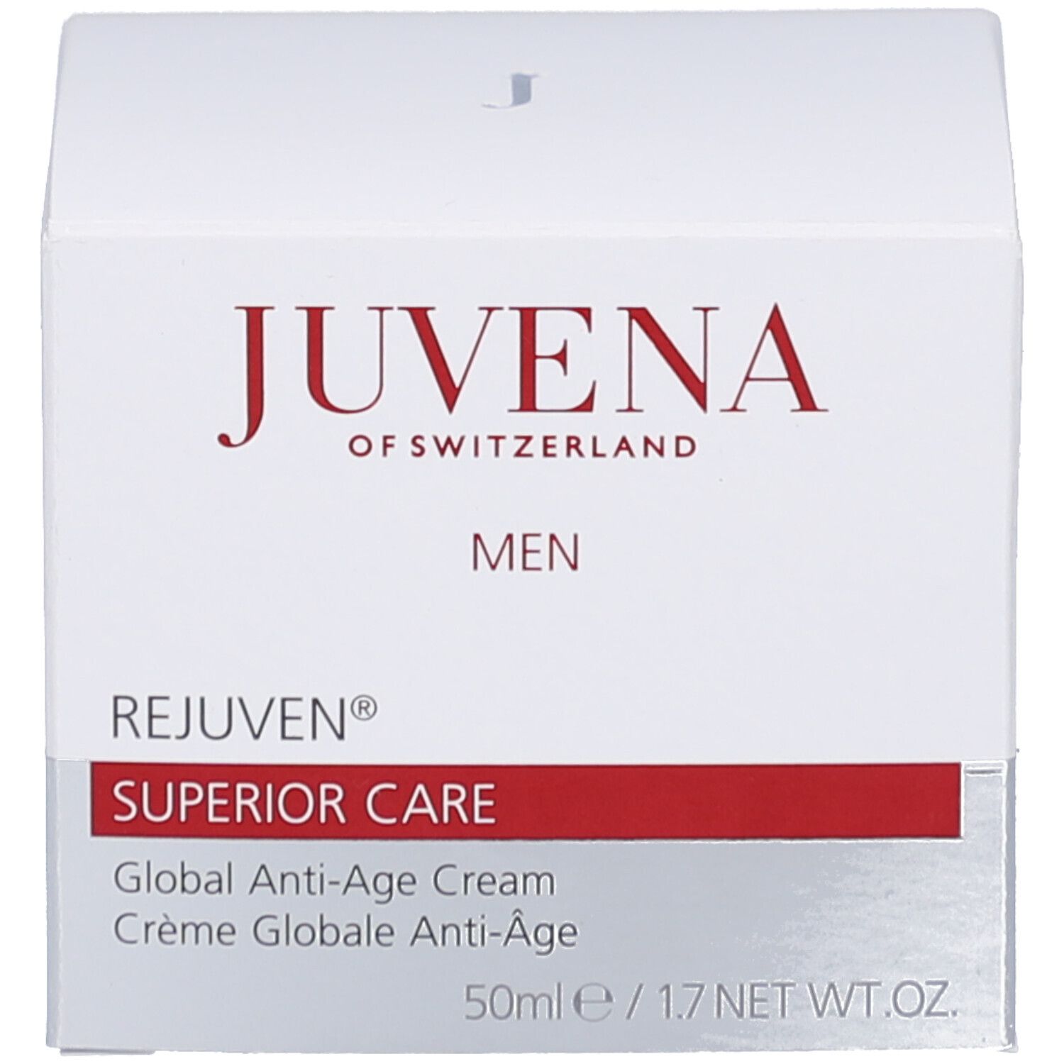 Emballage du produit. Inscription: Juvena, Men, Rejuven Superior Care, Global Anti-Age Cream. Bande rouge. 50ml.