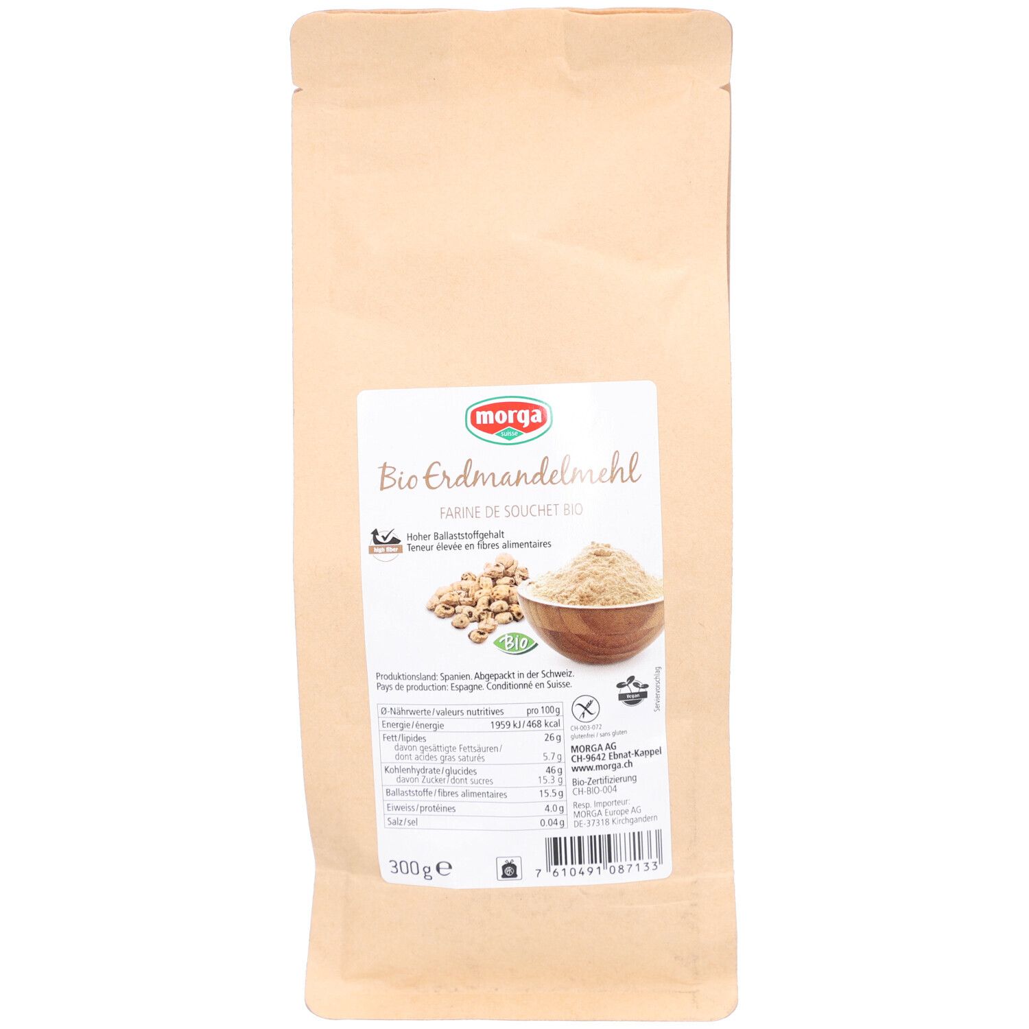 Sachet MORGA Erdmandelmehl Bio. Face avant avec image du produit, logo et informations nutritionnelles. Symbole sans gluten.