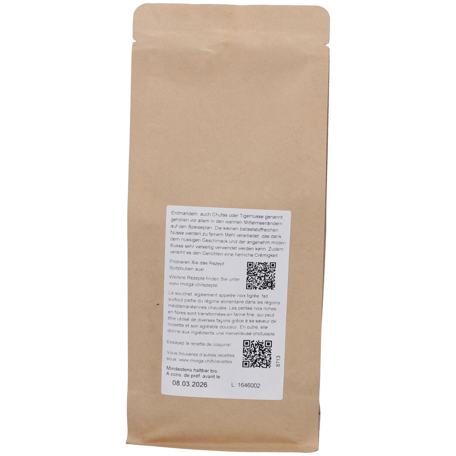 Dos du sachet MORGA Erdmandelmehl Bio. Informations textuelles, codes QR et date de péremption.