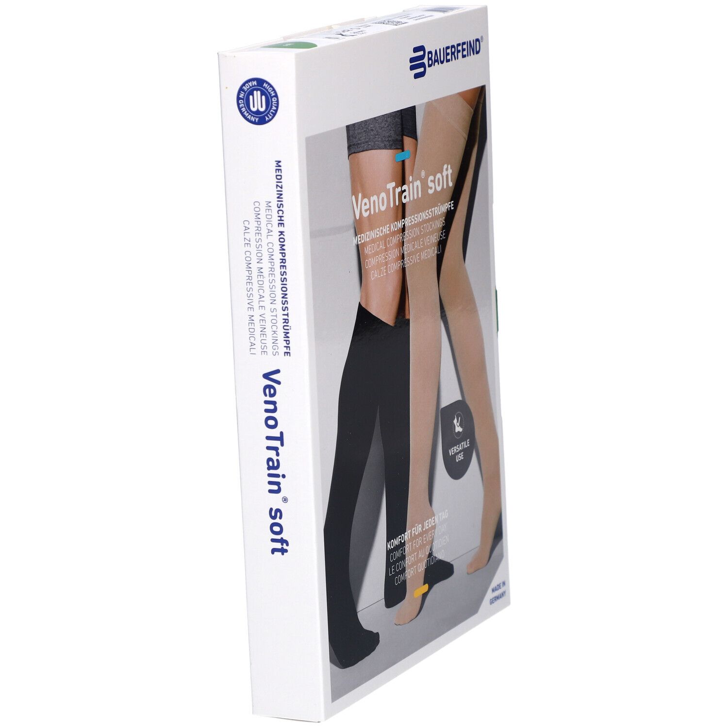 Verpackung mit Kompressionsstrümpfen. VenoTrain soft, schwarz und beige. Bauerfeind Logo. Medizinische Kompressionsstrümpfe.
