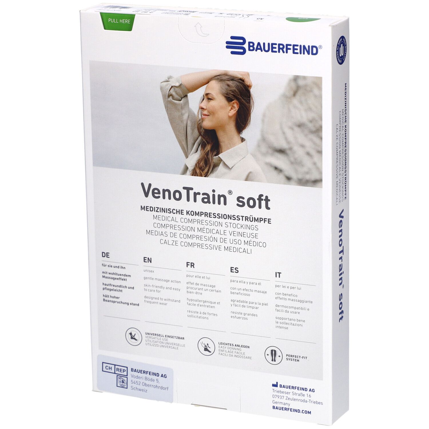 Verpackung mit Kompressionsstrümpfen. VenoTrain soft, Logo Bauerfeind. Texte in Deutsch, Englisch, Französisch und Italienisch.