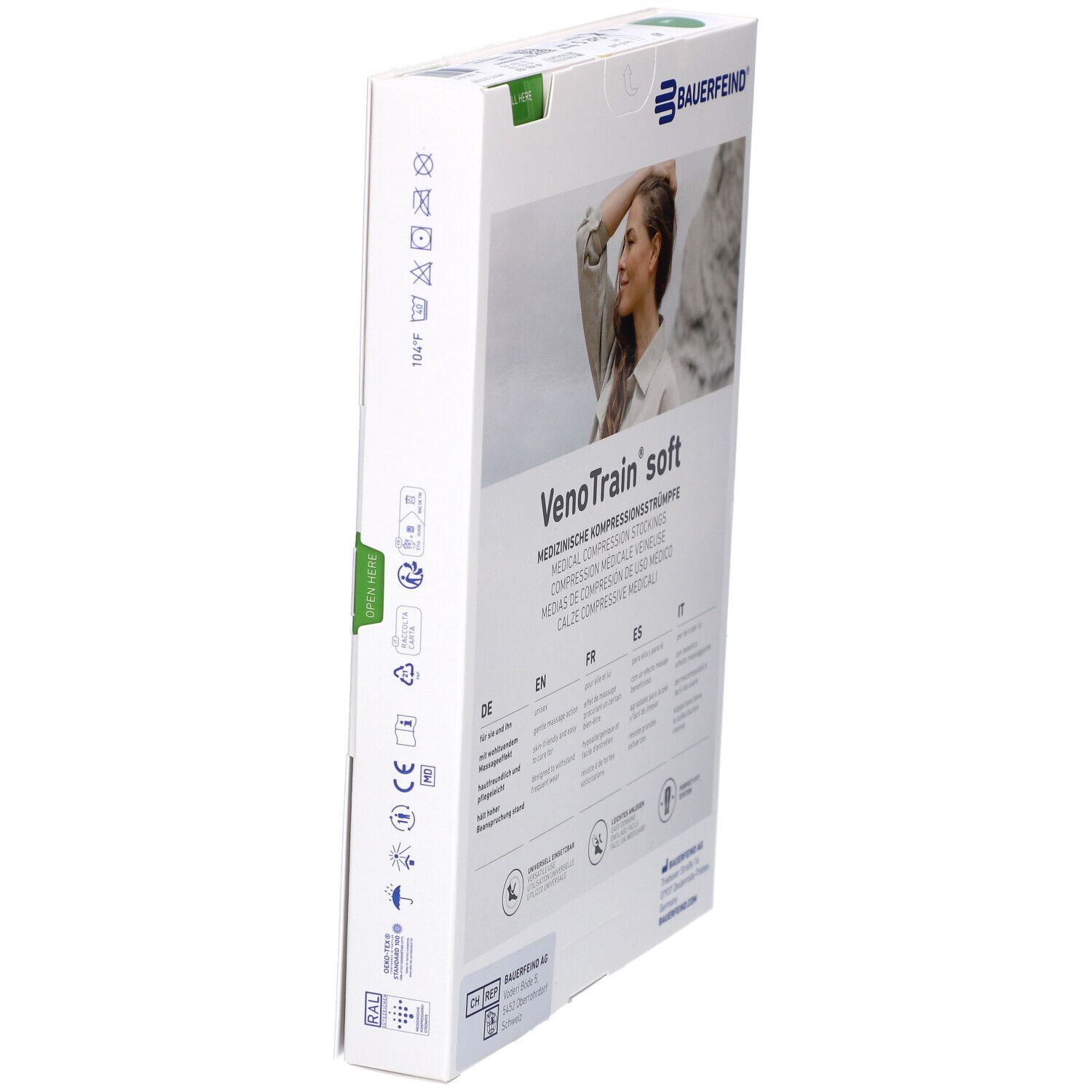 Verpackung mit Kompressionsstrümpfen. VenoTrain soft, Logo Bauerfeind. Texte in Deutsch, Englisch, Französisch und Italienisch.