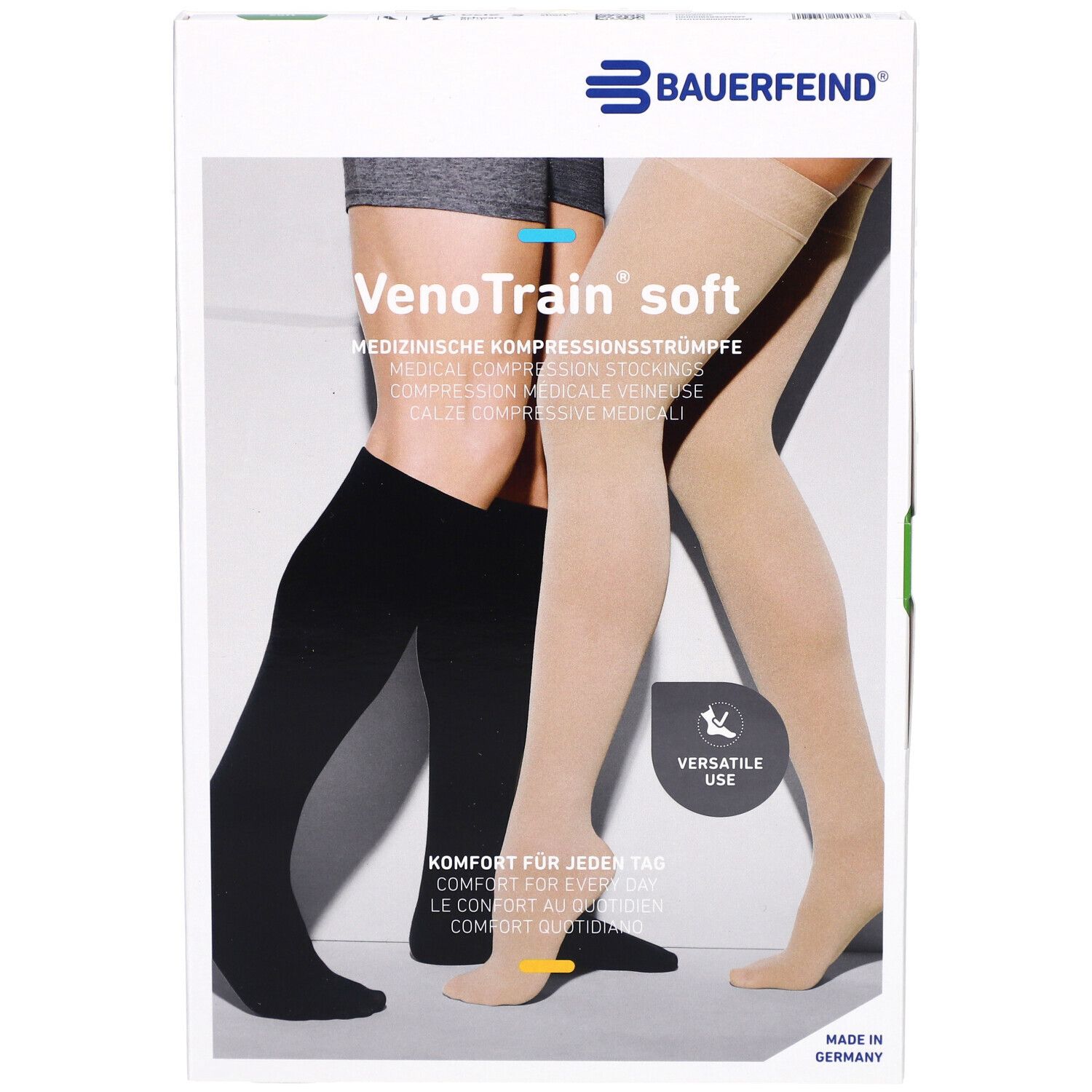 Verpackung mit Kompressionsstrümpfen. VenoTrain soft, schwarz und beige. Bauerfeind Logo. Medizinische Kompressionsstrümpfe.