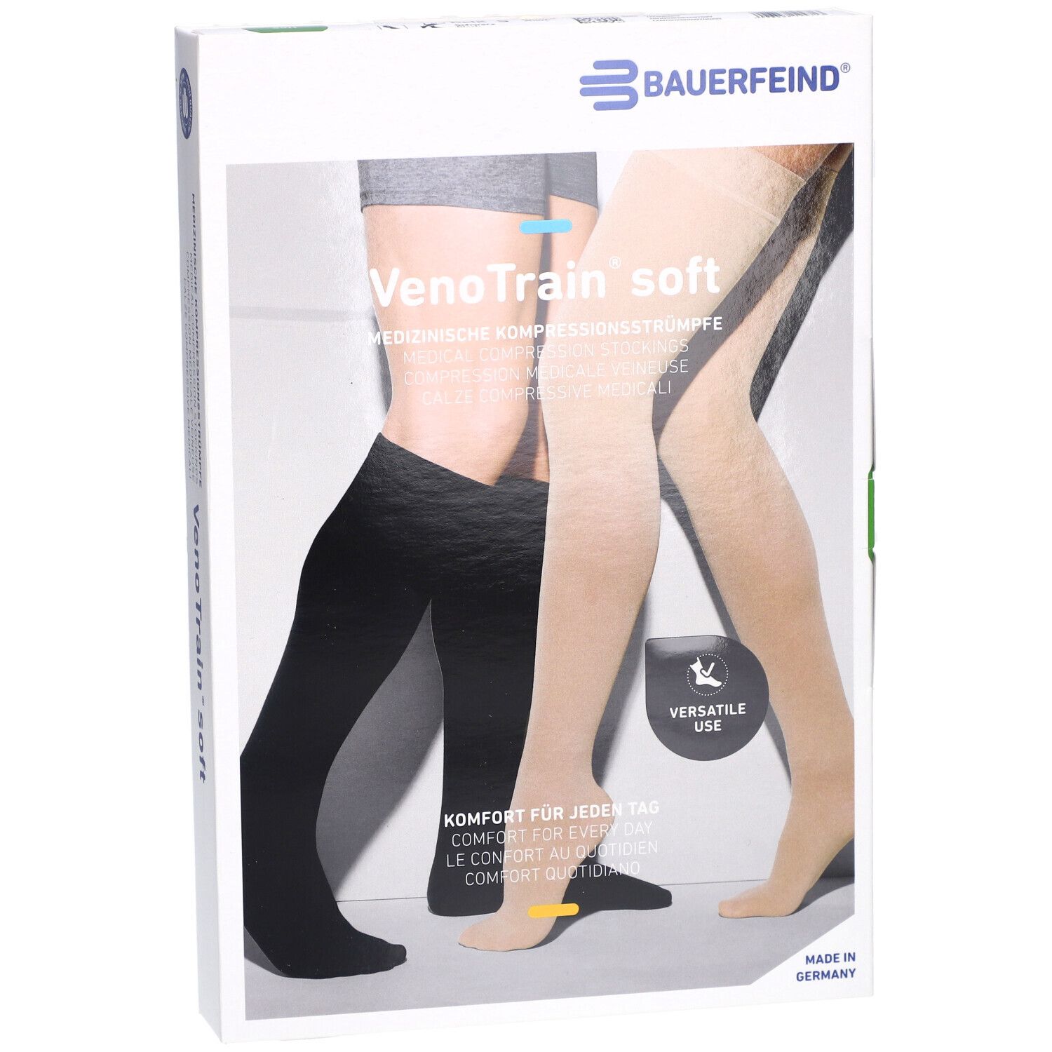 Verpackung mit Kompressionsstrümpfen. VenoTrain soft, schwarz und beige. Bauerfeind Logo. Medizinische Kompressionsstrümpfe.