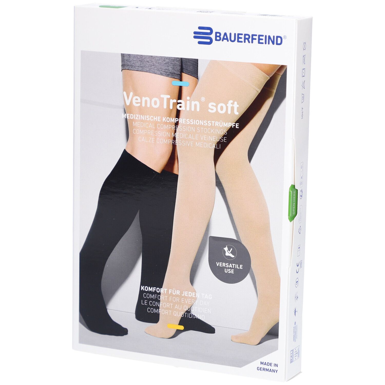 Verpackung mit Kompressionsstrümpfen. VenoTrain soft, schwarz und beige. Marke Bauerfeind. Medizinische Kompressionsstrümpfe.