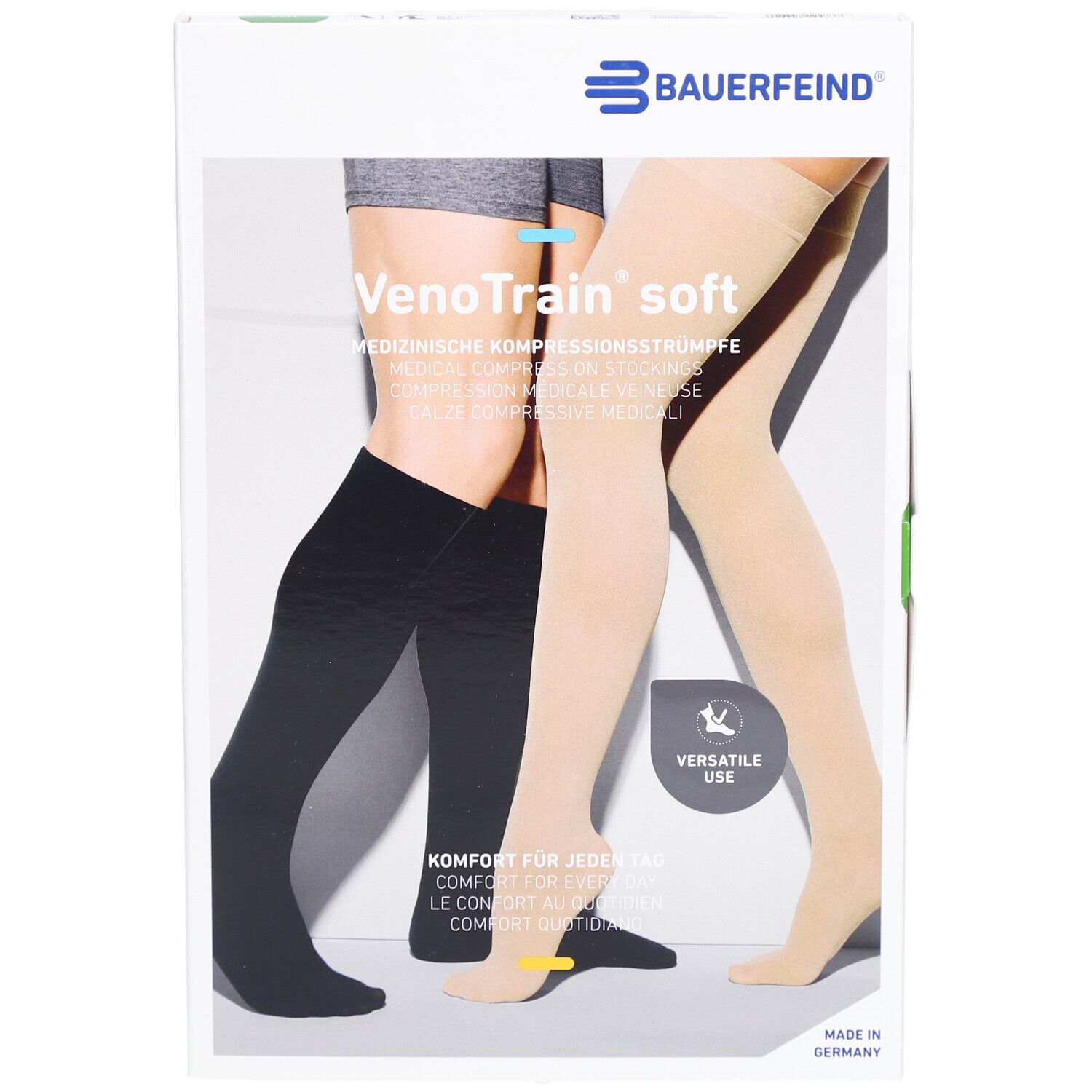 Verpackung mit Kompressionsstrümpfen. VenoTrain soft, schwarz und beige. Marke Bauerfeind. Medizinische Kompressionsstrümpfe.