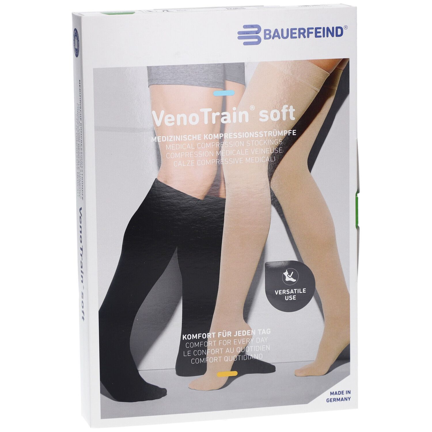 Verpackung mit Kompressionsstrümpfen. VenoTrain soft, schwarz und beige. Marke Bauerfeind. Medizinische Kompressionsstrümpfe.