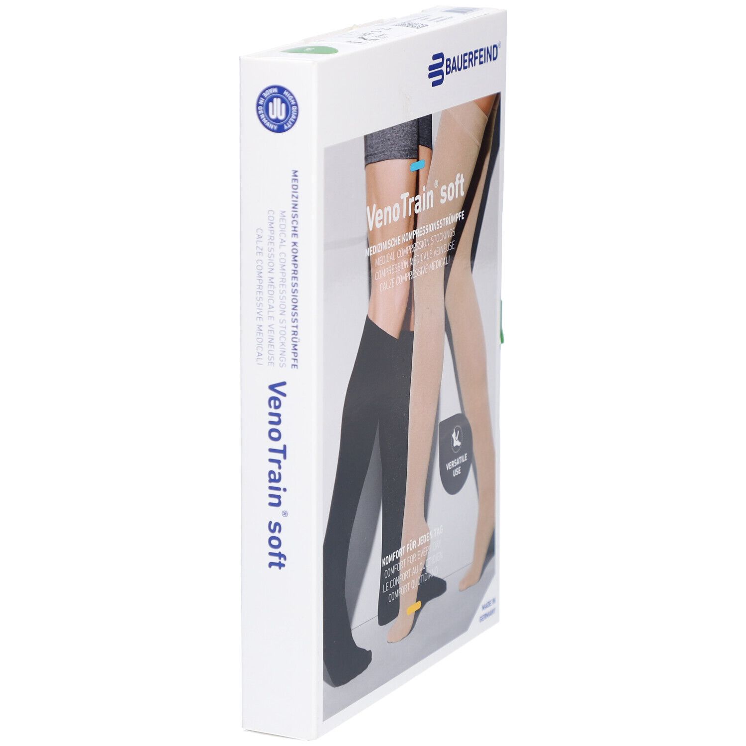 Verpackung von Kompressionsstrümpfen. VenoTrain soft. Marke Bauerfeind. Seitenansicht. Geschlossener Fuß.