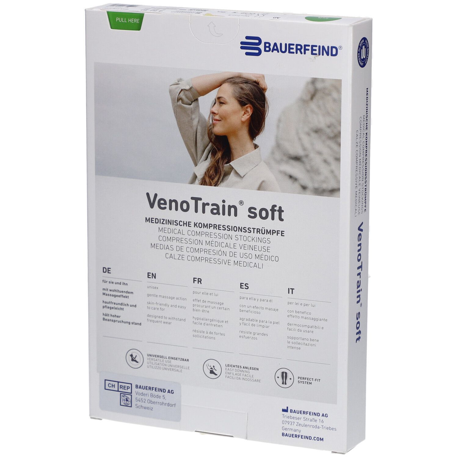 Rückseite der Verpackung. VenoTrain soft. Marke Bauerfeind. Produktinformationen in mehreren Sprachen.