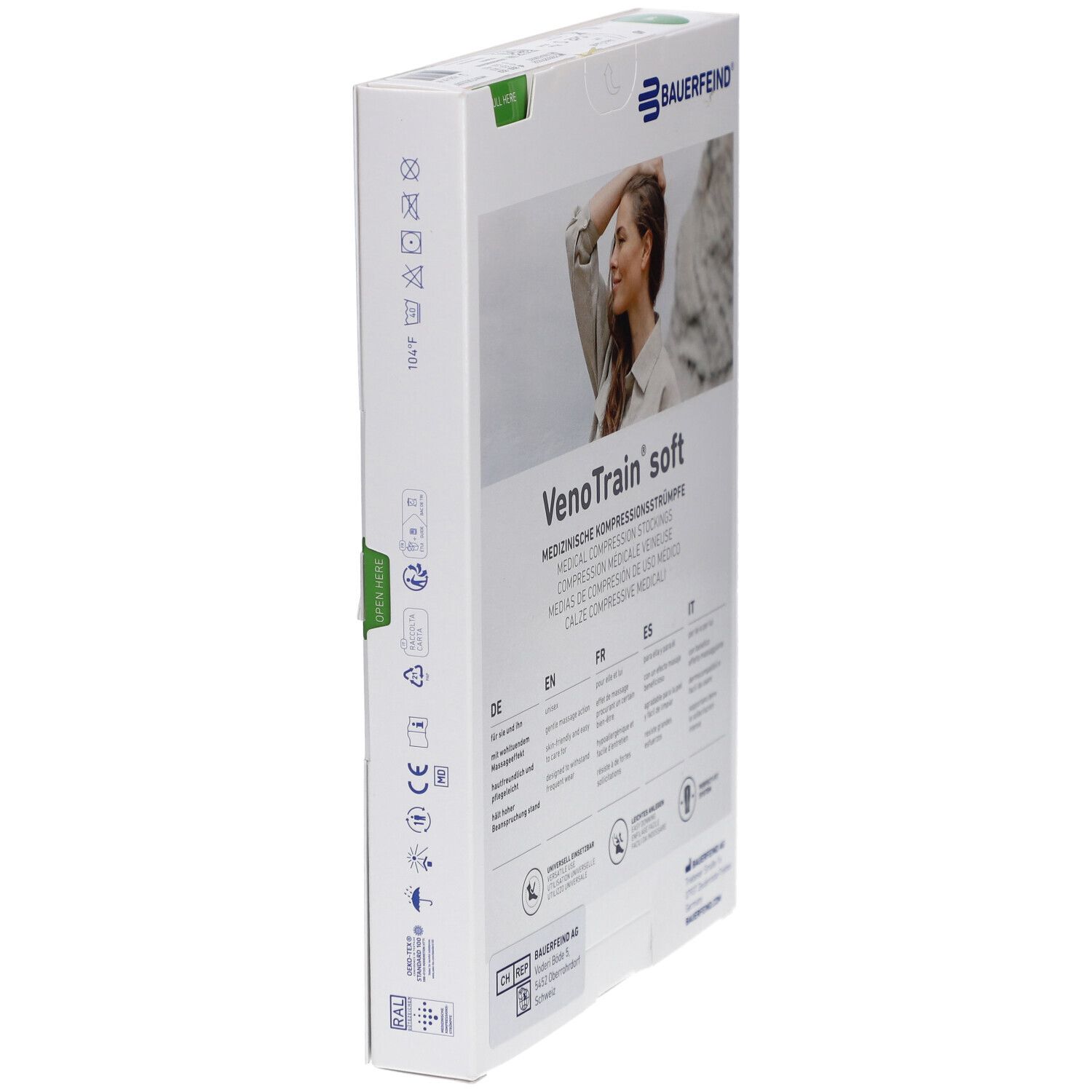 Seitenansicht der Verpackung. VenoTrain soft. Marke Bauerfeind. Produktinformationen und Logos.