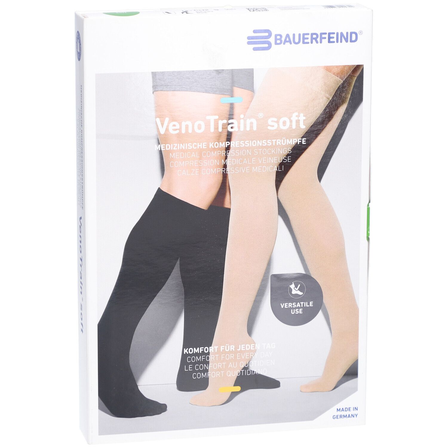 Verpackung mit Kompressionsstrümpfen. VenoTrain soft, schwarz und beige. Marke Bauerfeind. Geschlossener Fuß.