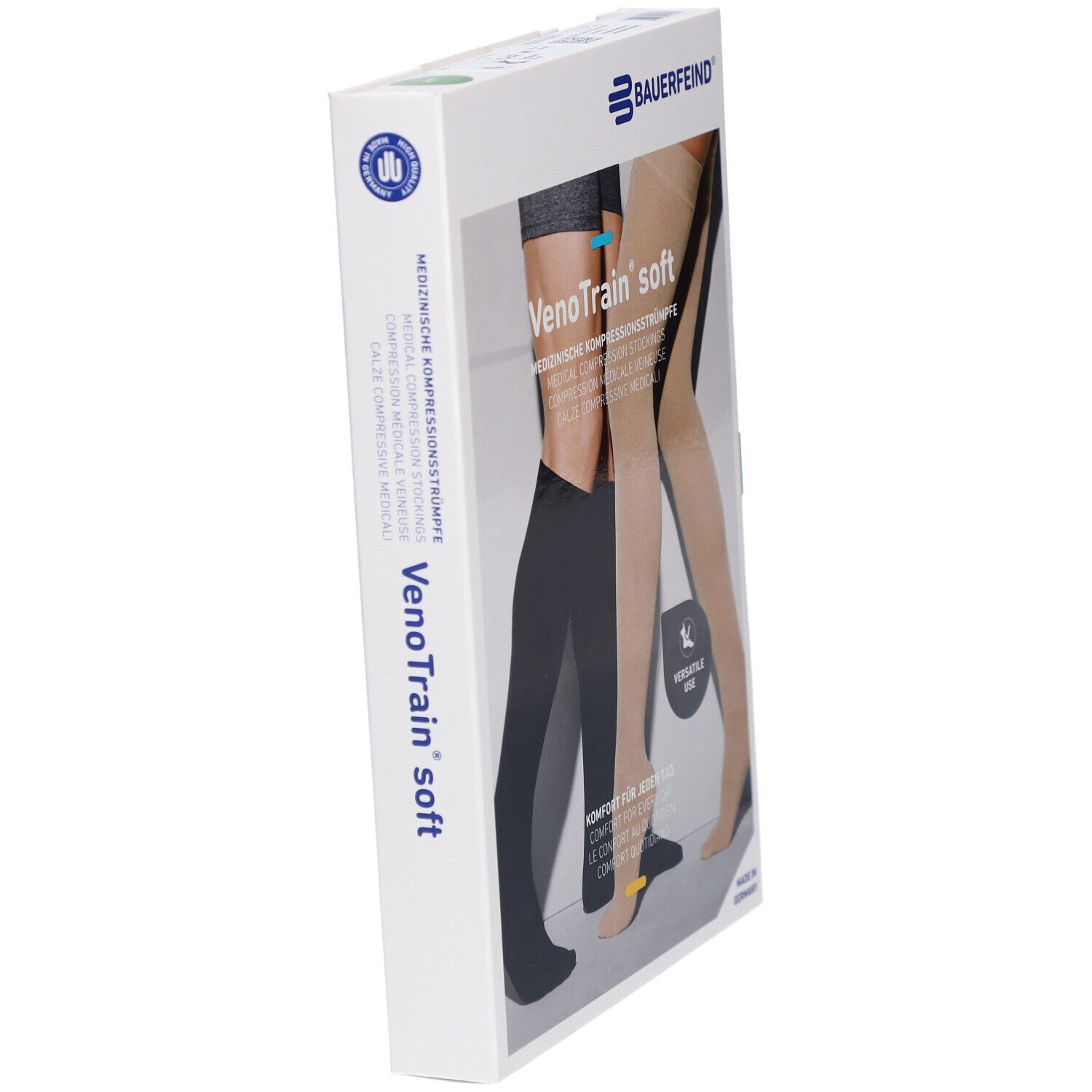 Bauerfeind VenoTrain soft Verpackung, schräg. Strümpfe in Schwarz und Beige abgebildet. VenoTrain soft Schriftzug.