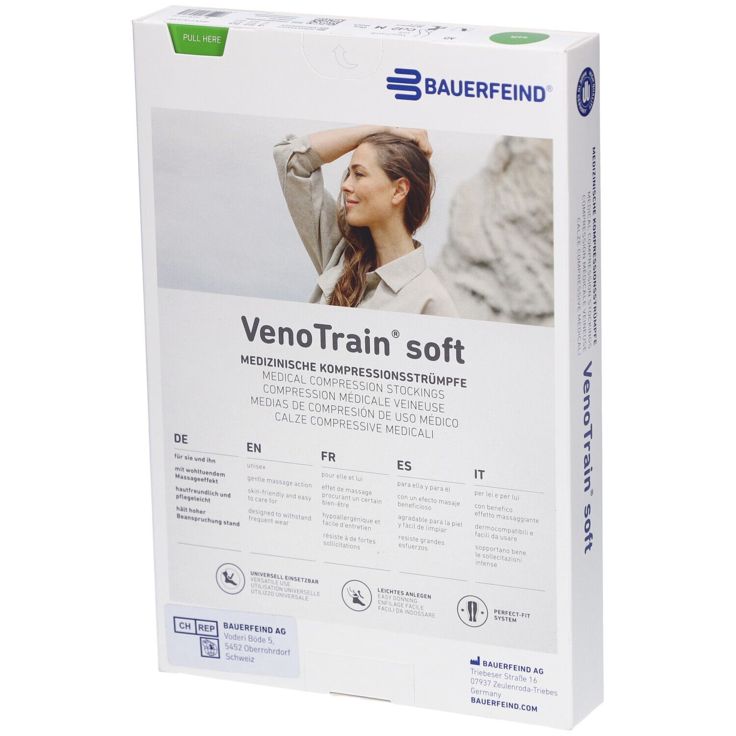 Bauerfeind VenoTrain soft Verpackung, Rückseite. Produktinformationen und Logo. Made in Germany.