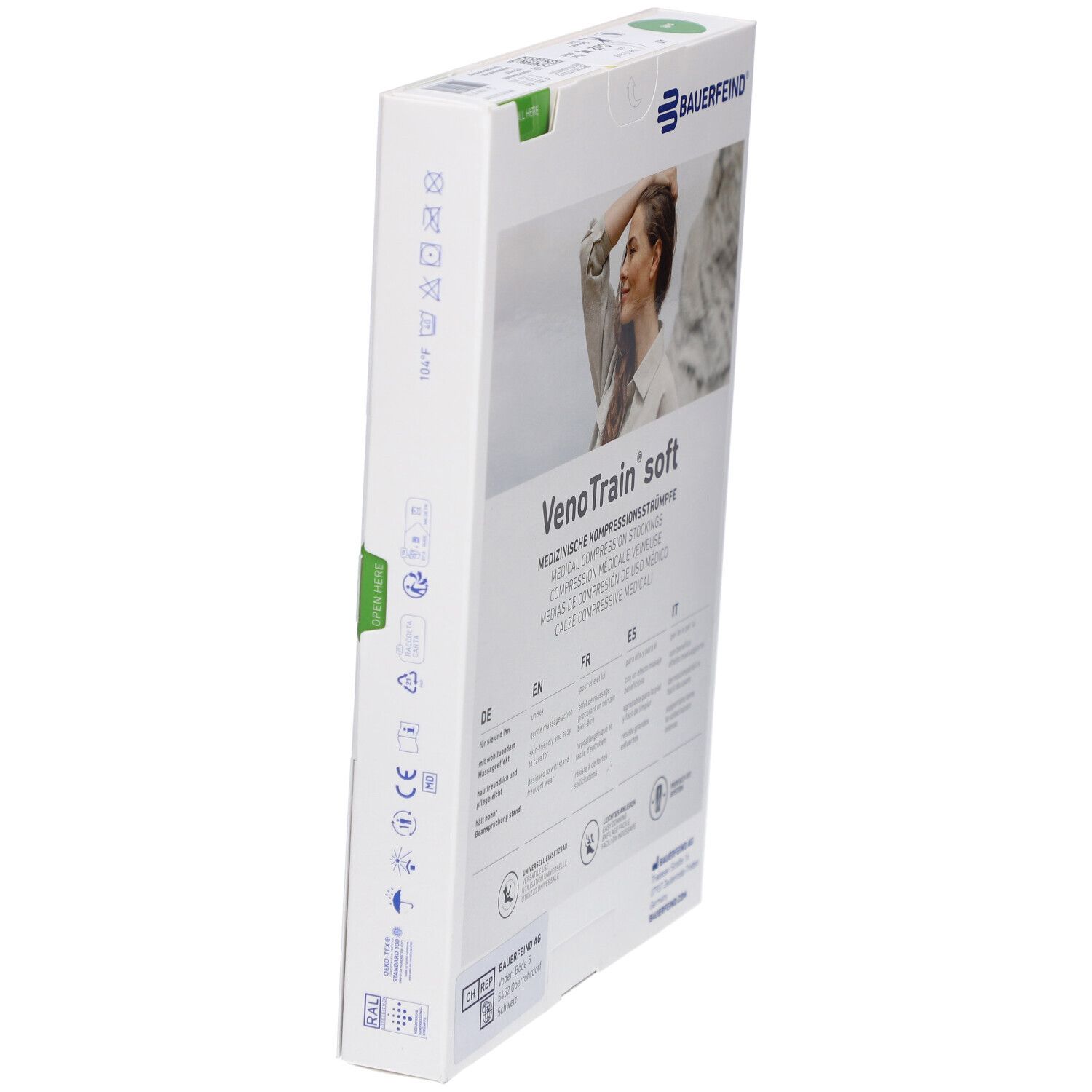 Bauerfeind VenoTrain soft Verpackung, schräg. Produktinformationen und Logo. Made in Germany.