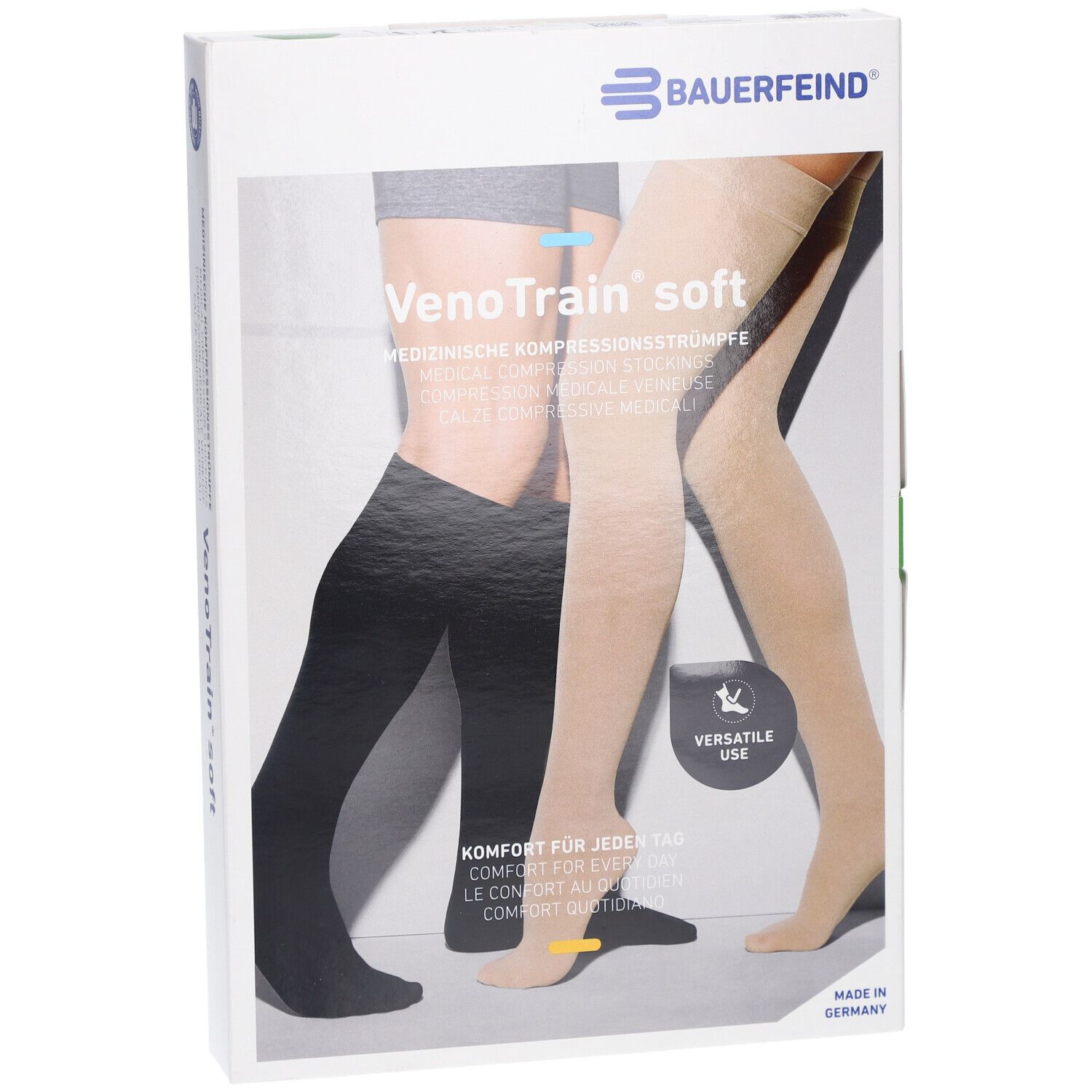 Bauerfeind VenoTrain soft Kompressionsstrümpfe in Verpackung. Schwarze und beige Strümpfe abgebildet. Versatile Use.