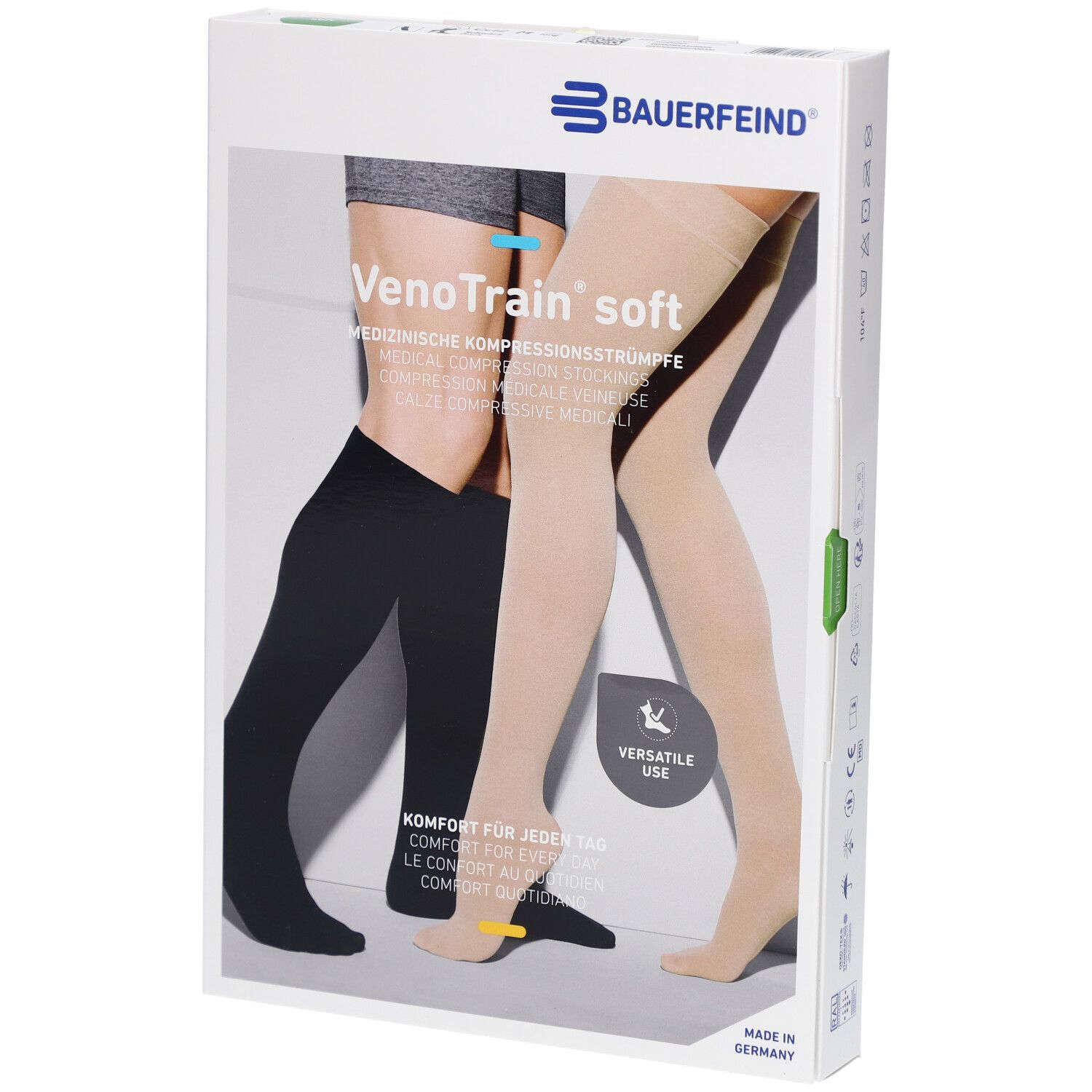 Verpackung mit Kompressionsstrümpfen. Marke Bauerfeind, VenoTrain soft. Abbildung von Strümpfen in Schwarz und Beige.