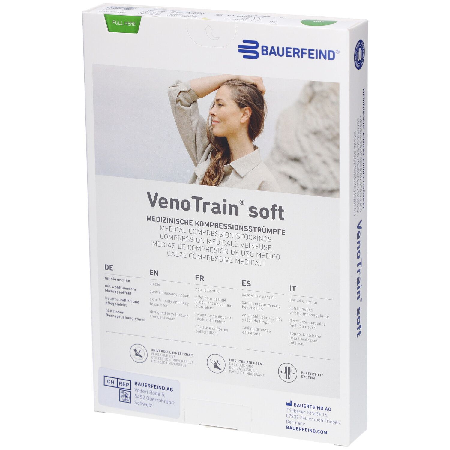 Rückseite der Verpackung. Bauerfeind VenoTrain soft. Informationen in Deutsch, Englisch, Französisch, Spanisch und Italienisch.