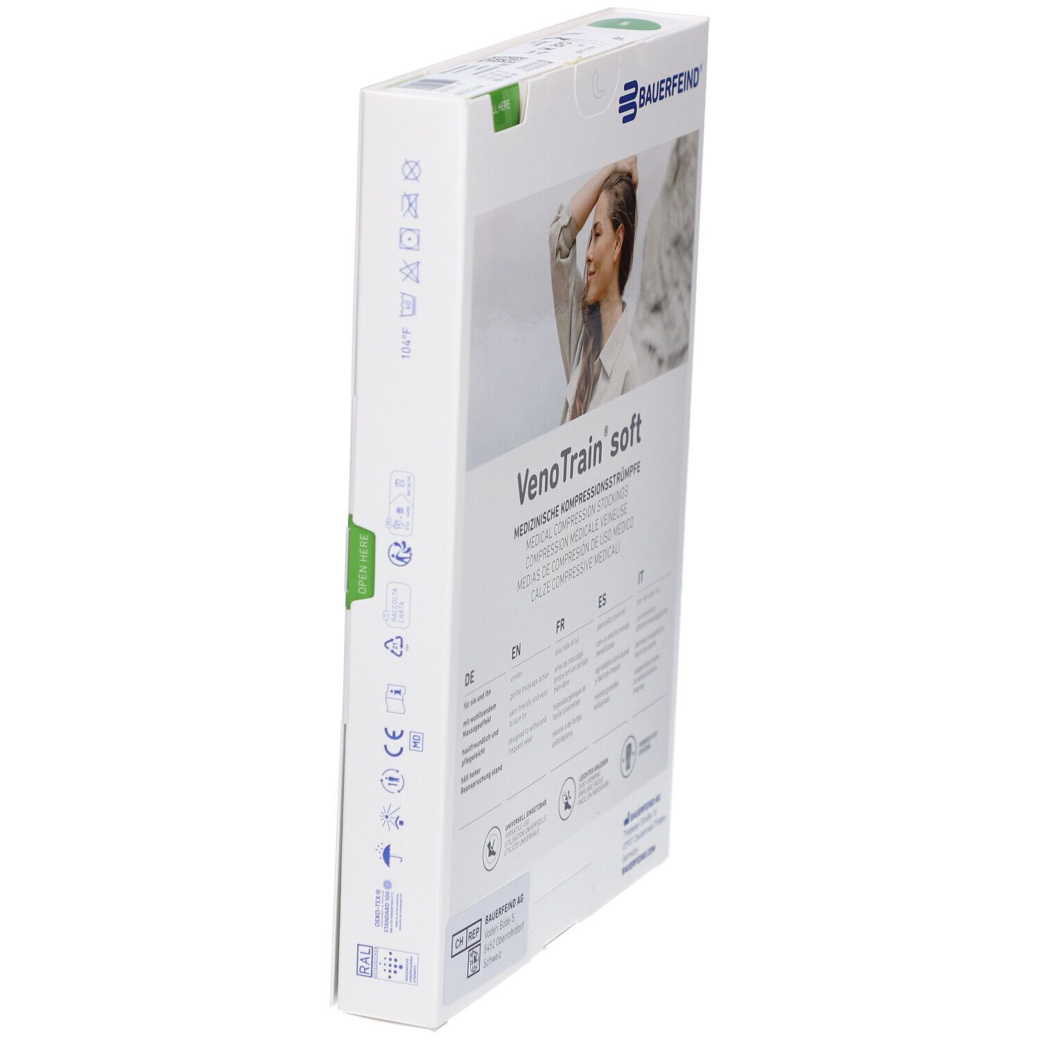 Verpackung, Bauerfeind VenoTrain soft. Informationen und Piktogramme. Grün markierter Bereich.