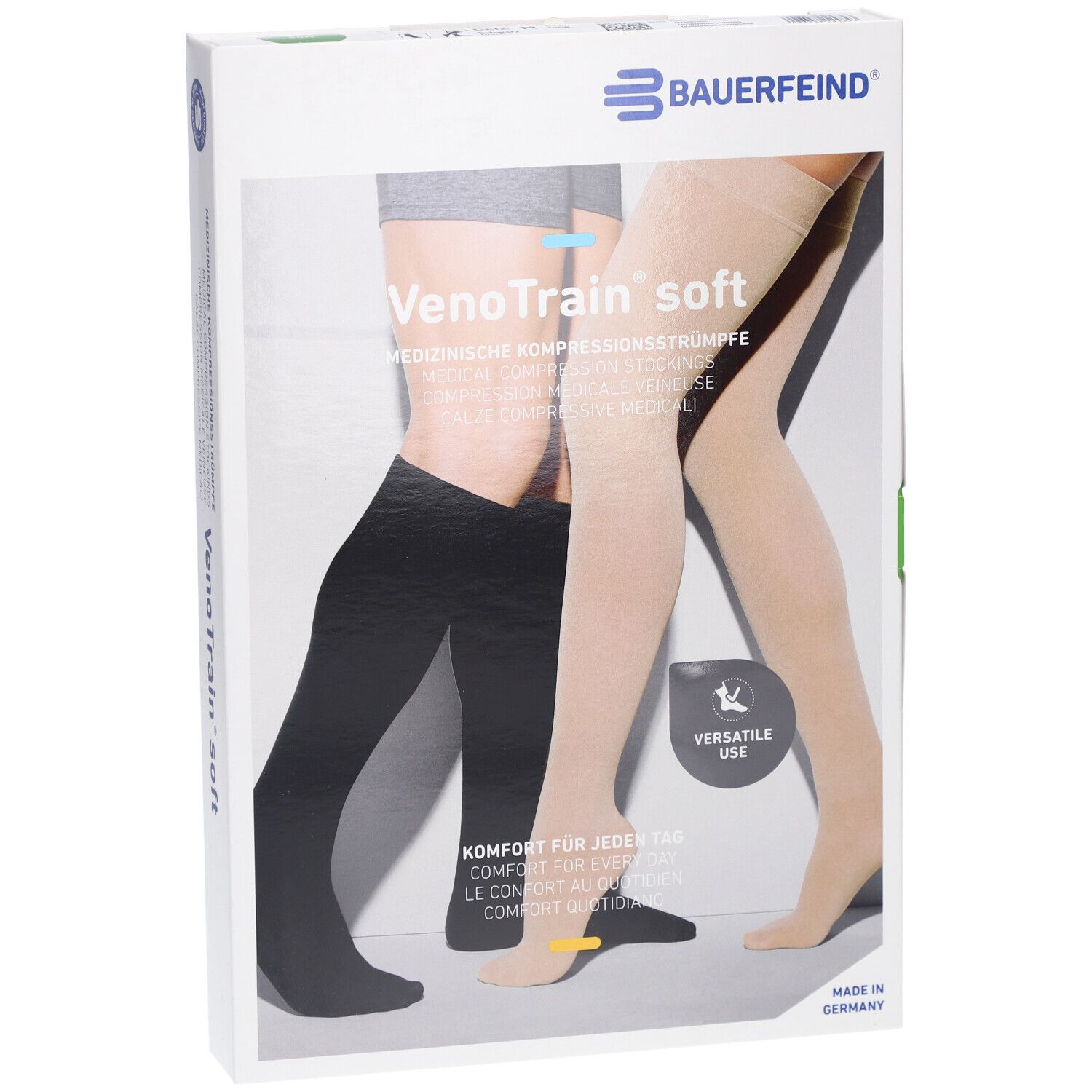 Verpackung, Bauerfeind VenoTrain soft. Medizinische Kompressionsstrümpfe. Abbildung von Strümpfen in Schwarz und Beige.