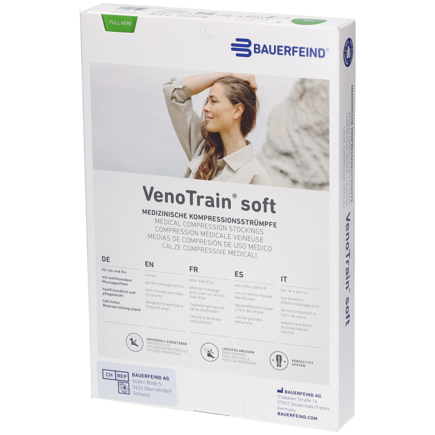 BAUERFEIND VenoTrain Soft Strumpf schwarz - Medizinische Kompressionsstrümpfe - AD CCL2 Größe L normal/kurz offener Fuß