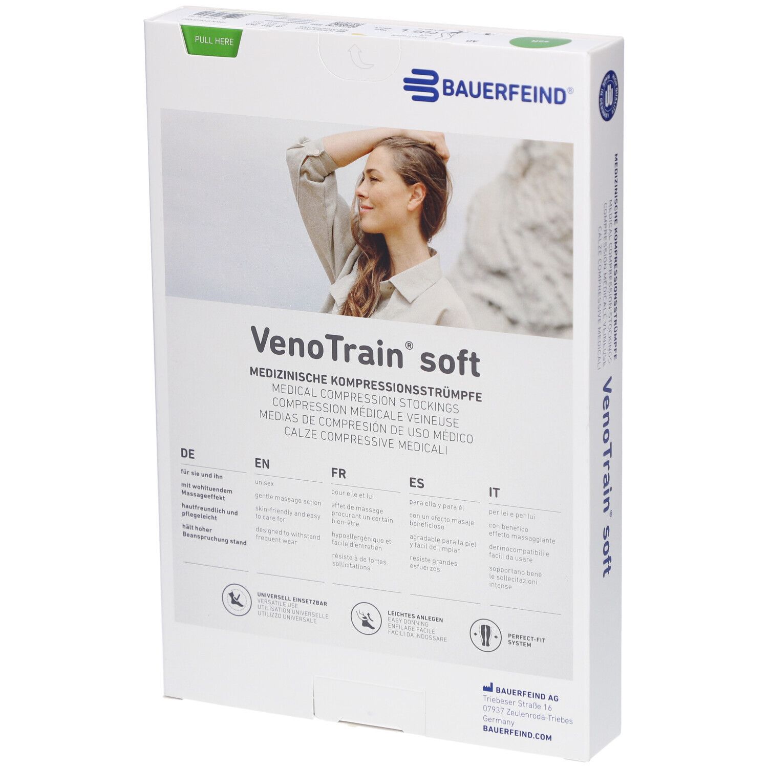 BAUERFEIND VenoTrain Soft Strumpf schwarz - Medizinische Kompressionsstrümpfe - AD CCL2 Größe L plus/kurz offener Fuß