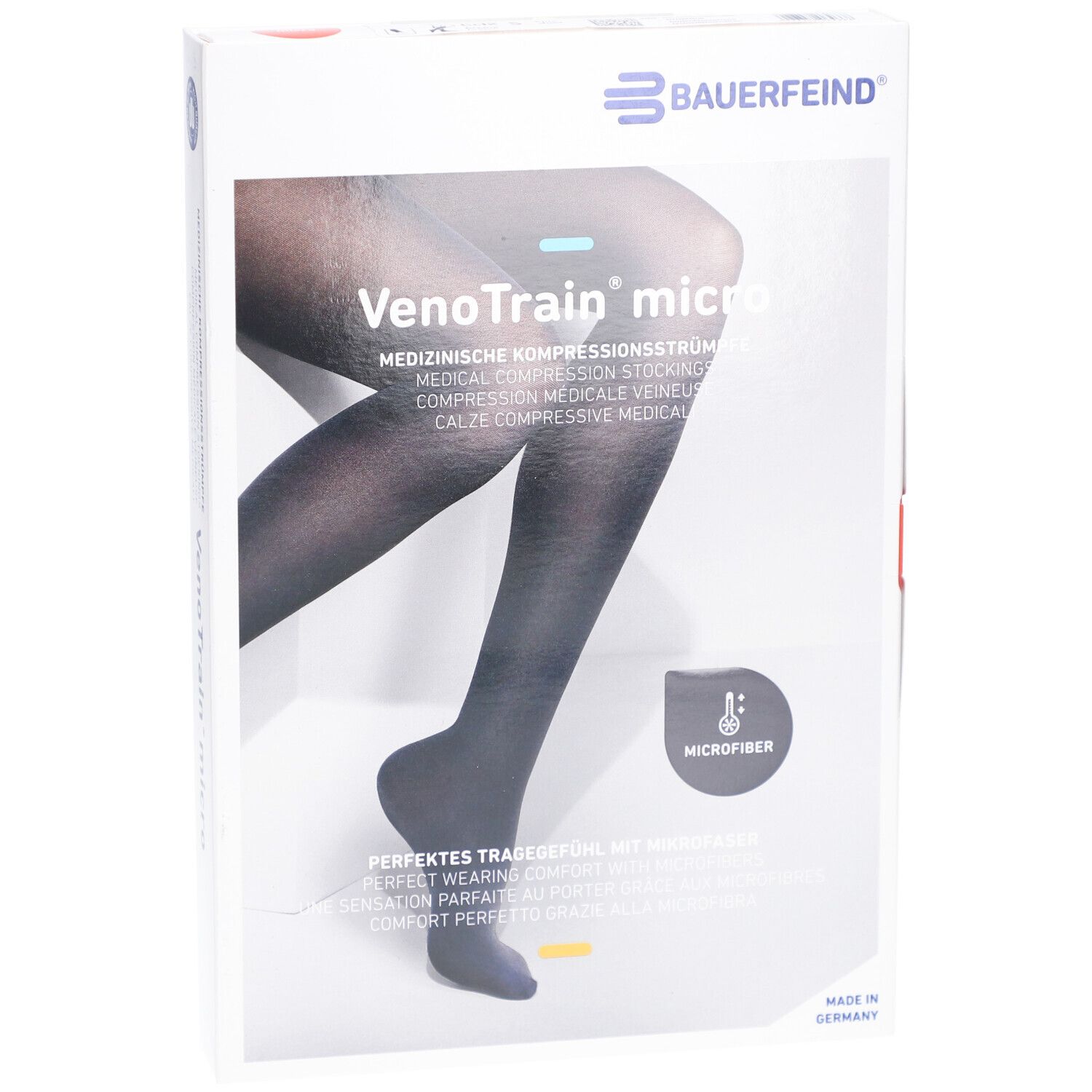 Verpackung mit Kompressionsstrümpfen. Marke Bauerfeind, Modell VenoTrain micro. Schwarze Strümpfe.