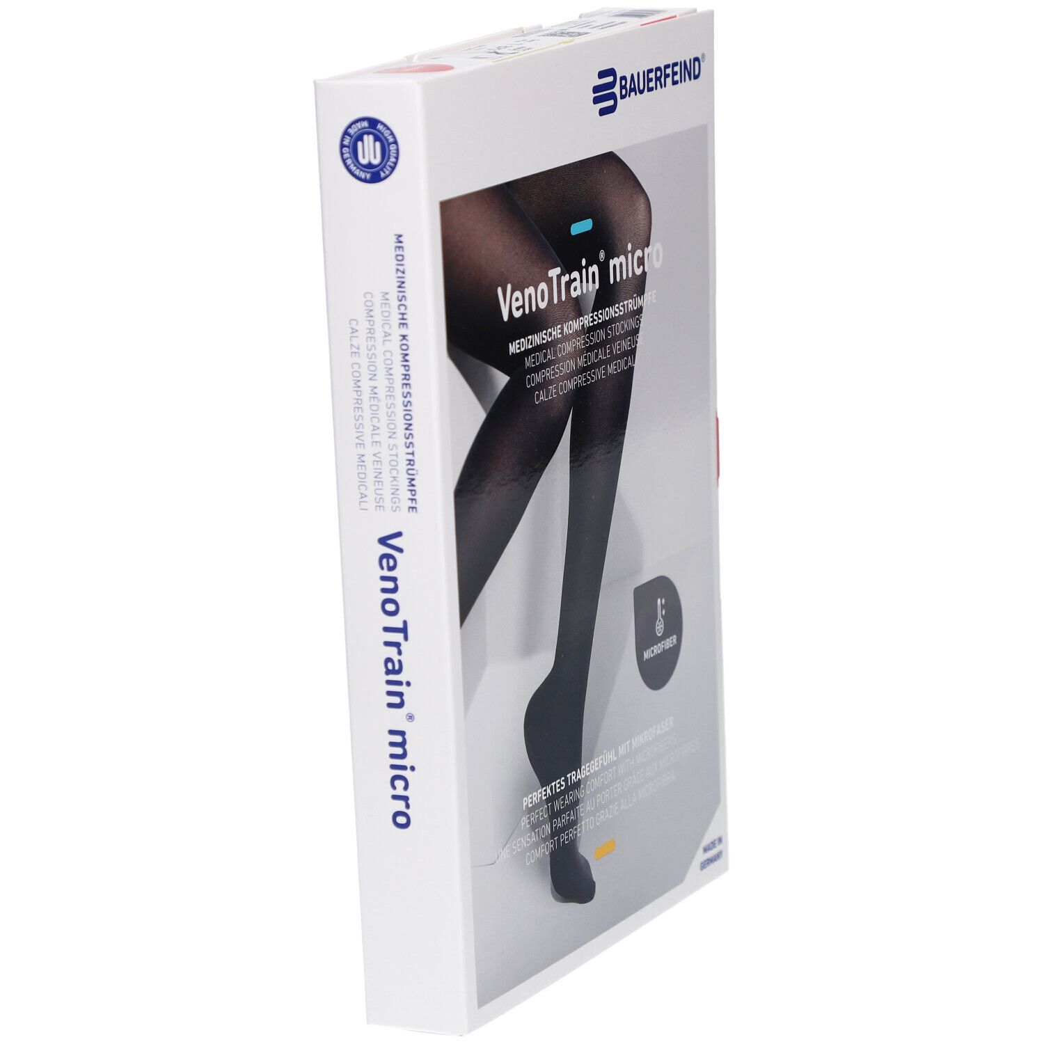 Verpackung von Bauerfeind VenoTrain micro Kompressionsstrümpfen. Produktabbildung: schwarze Strümpfe. Logo und Produktname.