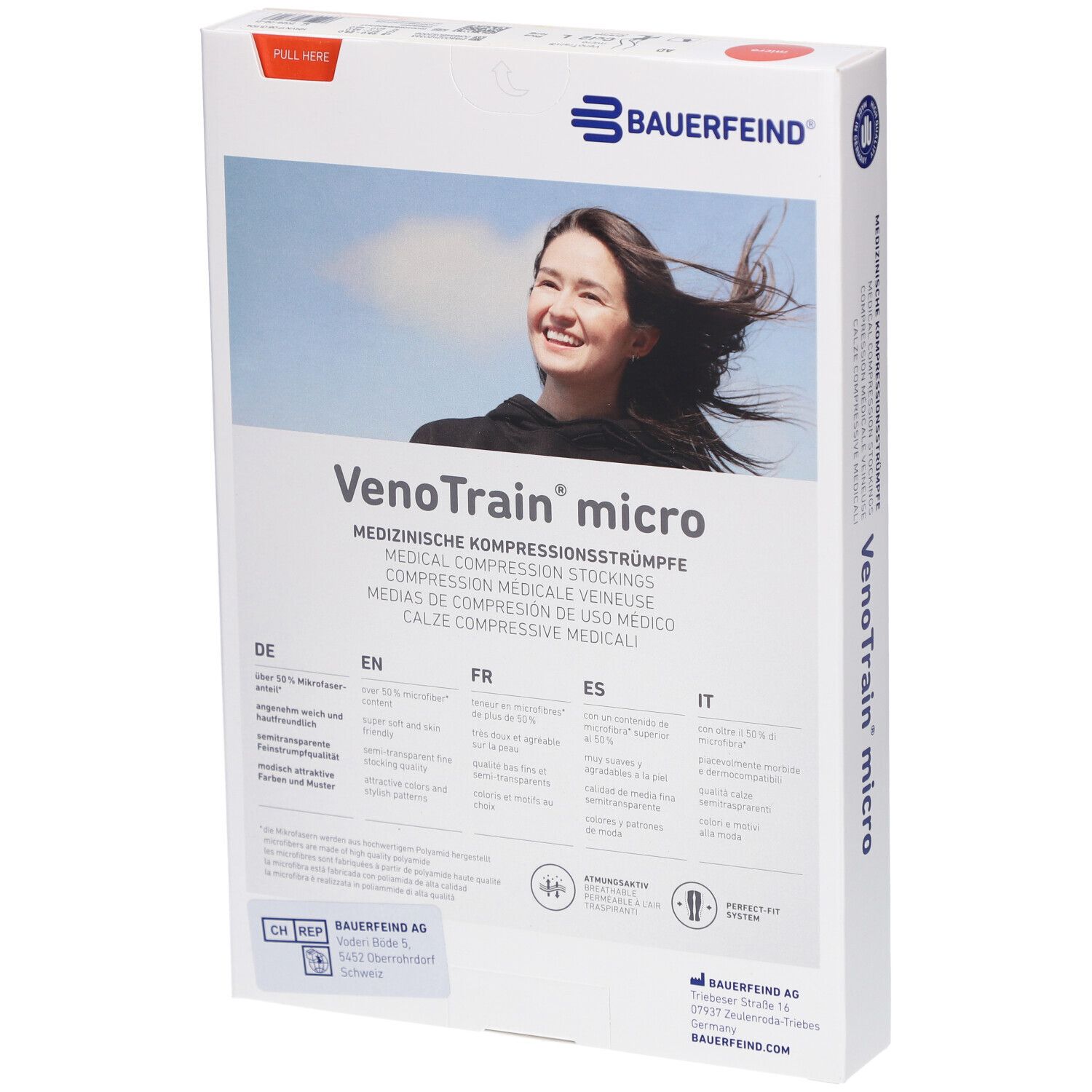 Verpackung von Bauerfeind VenoTrain micro Kompressionsstrümpfen. Produktname und Logo. Frau auf der Verpackung abgebildet.