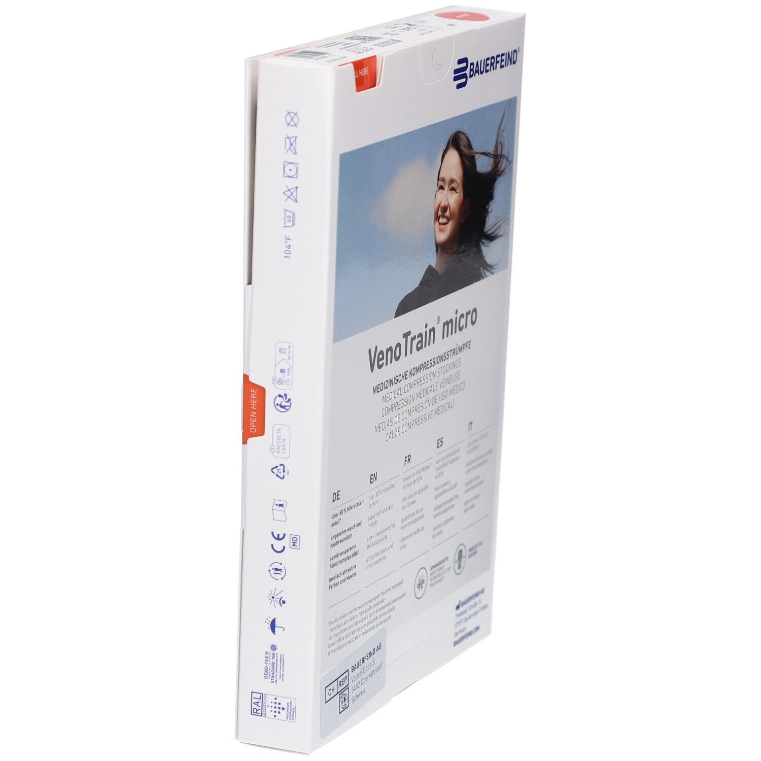 Verpackung von Bauerfeind VenoTrain micro Kompressionsstrümpfen. Produktname und Logo. Rückseite mit Informationen.