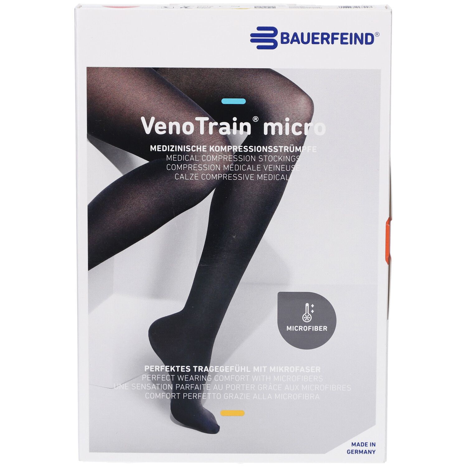 Verpackung mit Kompressionsstrümpfen. Marke: Bauerfeind. Produktname: VenoTrain micro. Schwarze Strümpfe sind abgebildet.