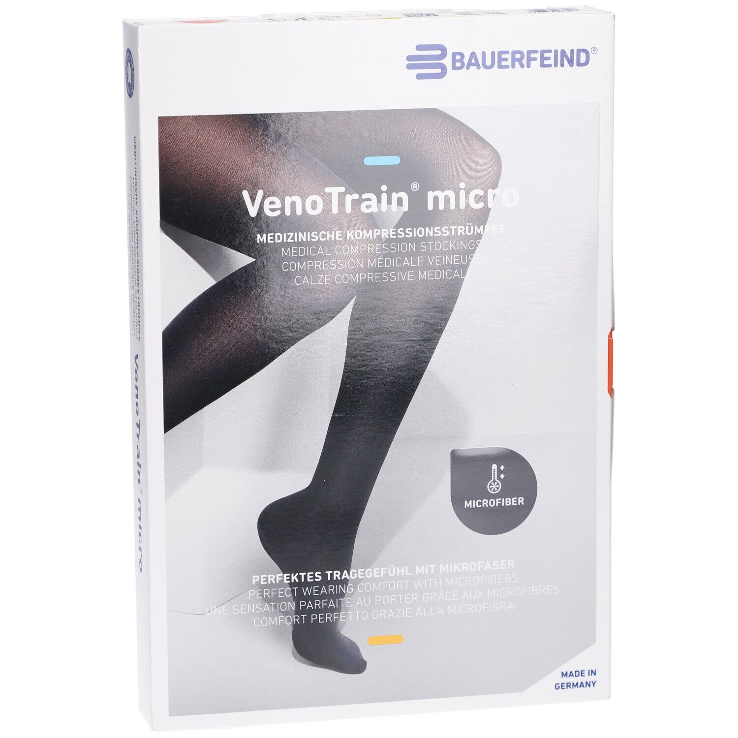 Verpackung mit Kompressionsstrümpfen. Marke: Bauerfeind. Produktname: VenoTrain micro. Schwarze Strümpfe sind abgebildet.