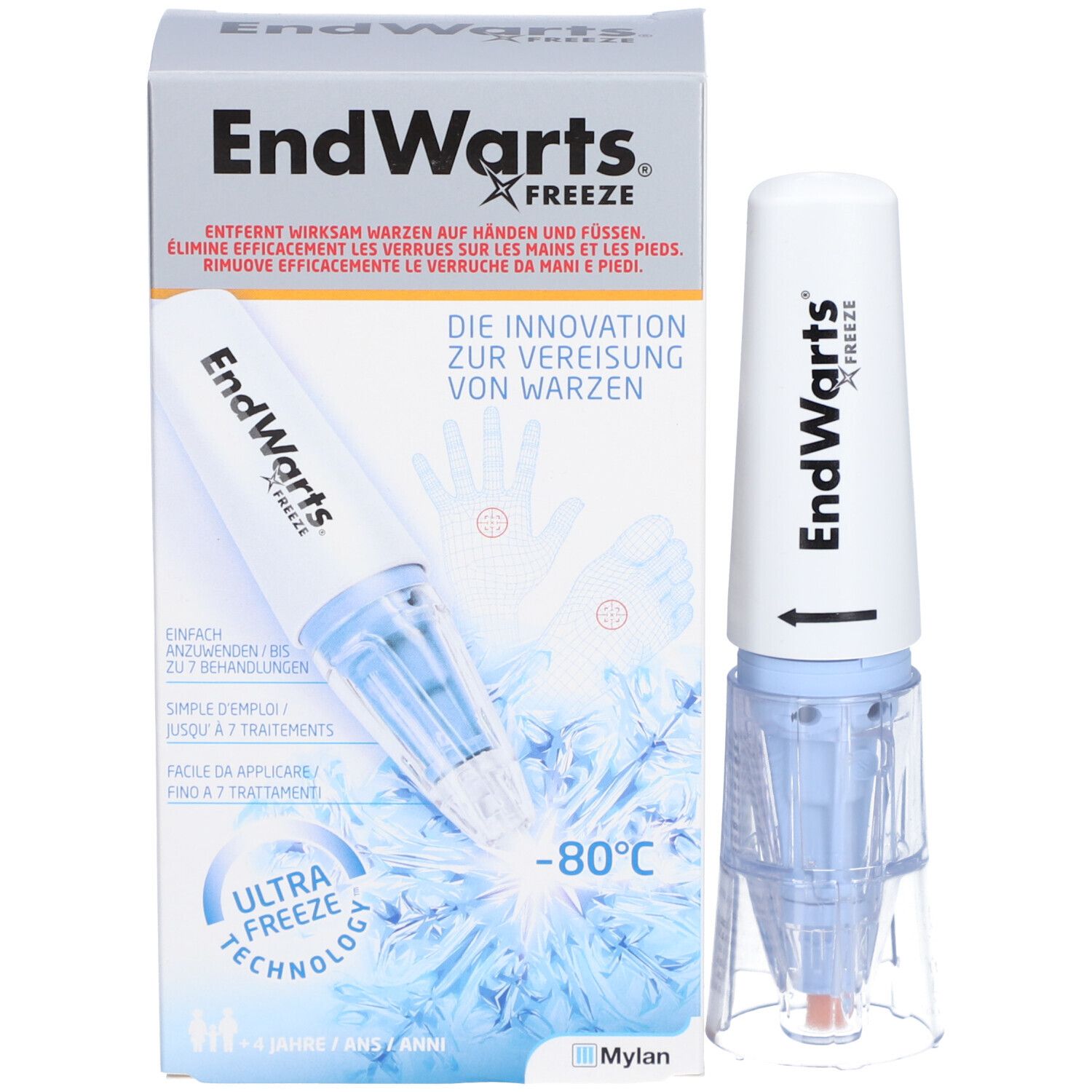 Verpackung und Produkt EndWarts FREEZE. Weißer Behälter mit blauem Applikator. Transparente Basis. Verpackung mit Text und Abbildungen.