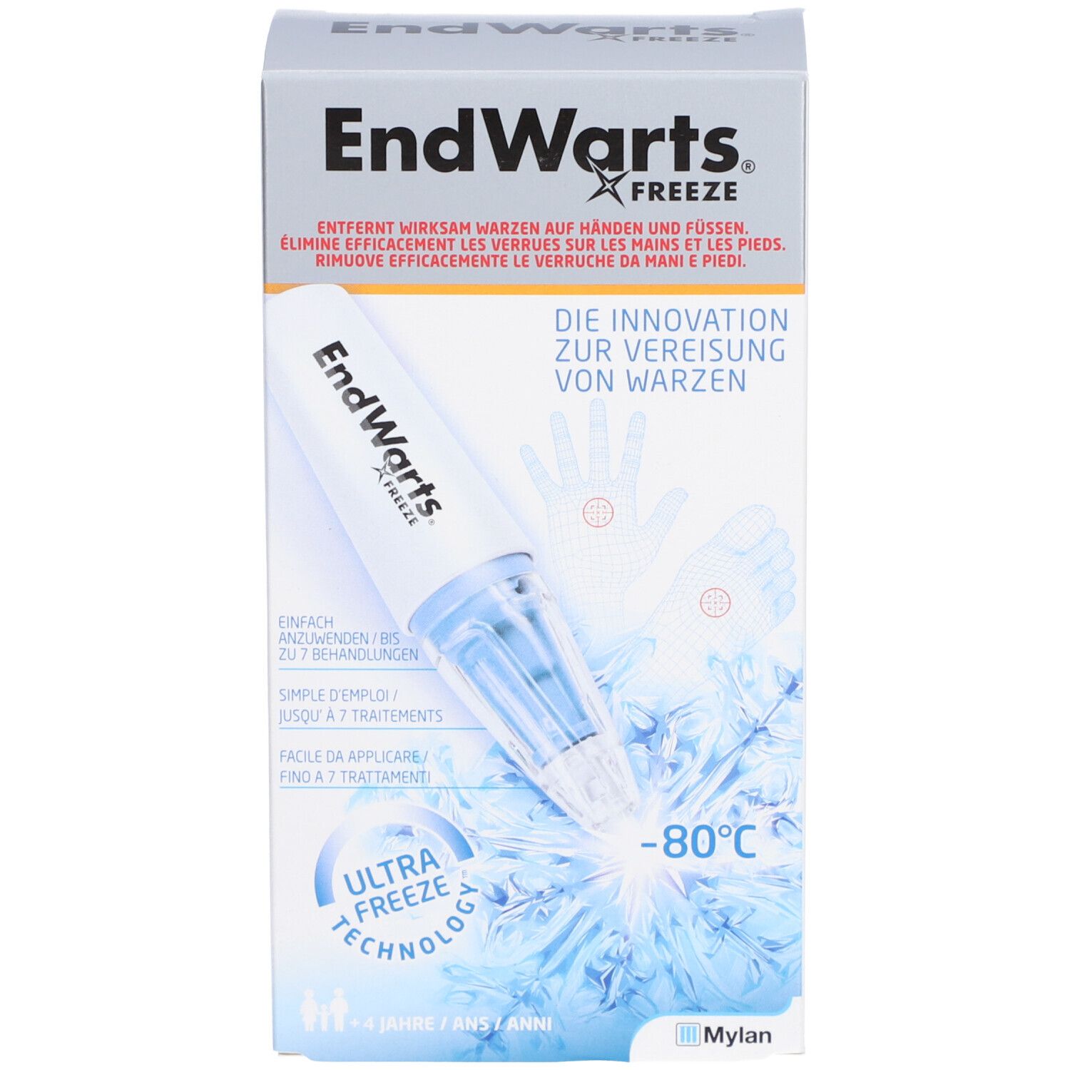 Verpackung EndWarts FREEZE. Text und Abbildungen. Enthält ein Vereisungsmittel. Weißer Behälter mit blauem Applikator. Transparente Basis.