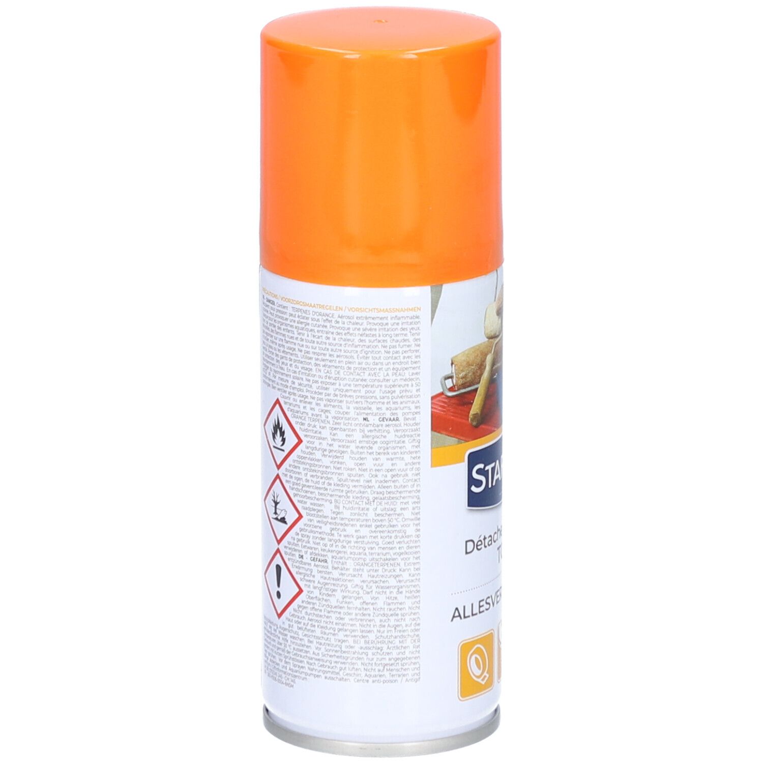 Bombe aérosol orange. Inscription STARWAX. Pictogrammes de danger et texte.