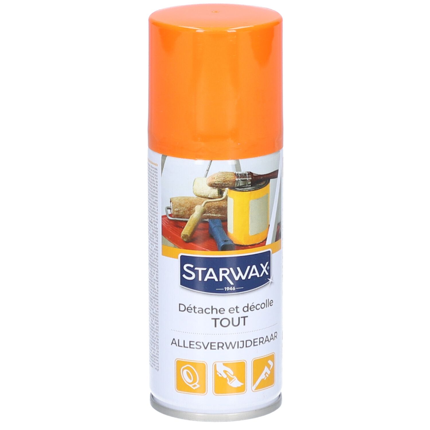 Bombe aérosol orange. Inscriptions STARWAX, Détache et décolle TOUT, Allesverwijderaar. Illustrations.