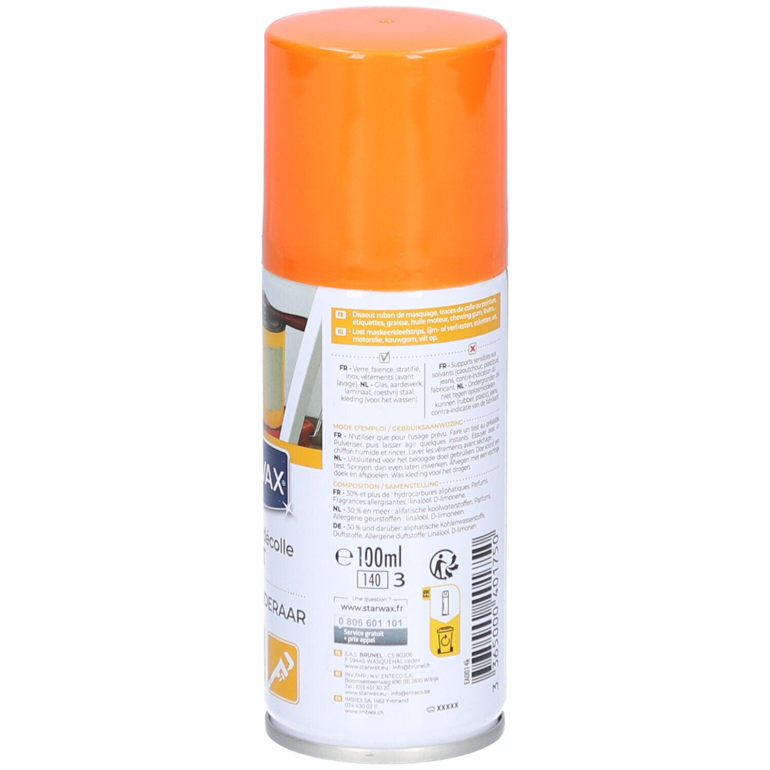 Bombe aérosol orange. Inscriptions STARWAX, Détache et décolle TOUT, Allesverwijderaar. Indication de volume et texte.