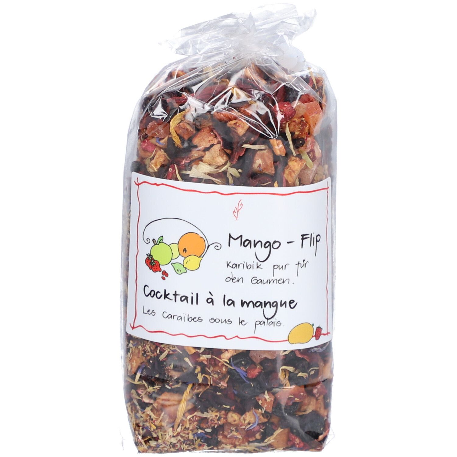 Sachet transparent de mélange de fruits. Étiquette avec texte Mango-Flip et illustrations de fruits.